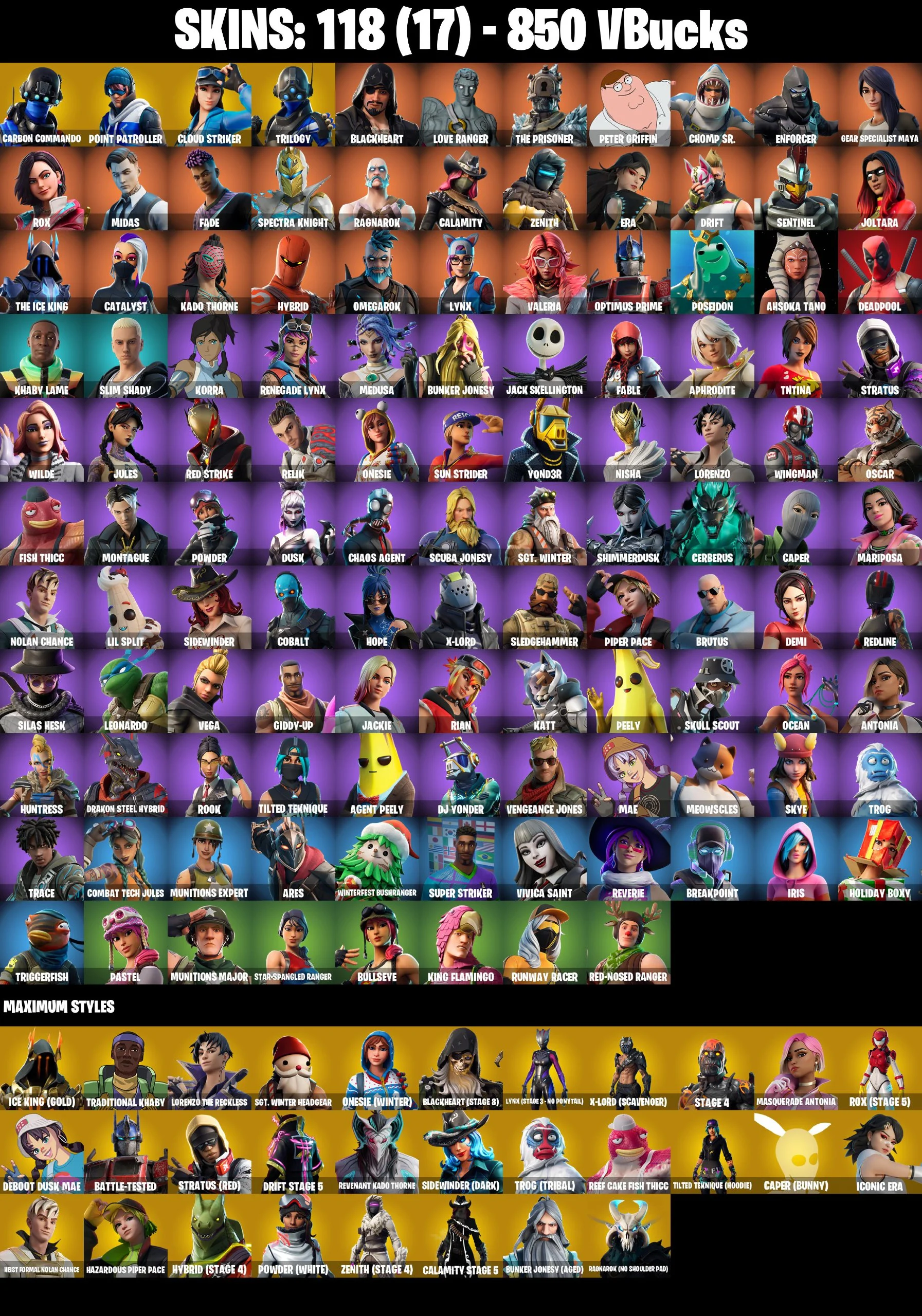 Deadpool ⭐️ Drift ⭐️ Rage ⭐️ Ragnarok ⭐️ The Ice King ⭐️ Midas ⭐️ Optimus Prime ⭐️ Kado Thorne ⭐️ Lynx ⭐️ Rook ⭐️ Sing Along ⭐️ Jules ⭐️ Get Griddy ⭐️ Point It Out ⭐️ Take The Elf ⭐️ Verve ⭐️ Carbon Commando ⭐️ PC/PSN/XBOX ♨️ 118 skins — image 1