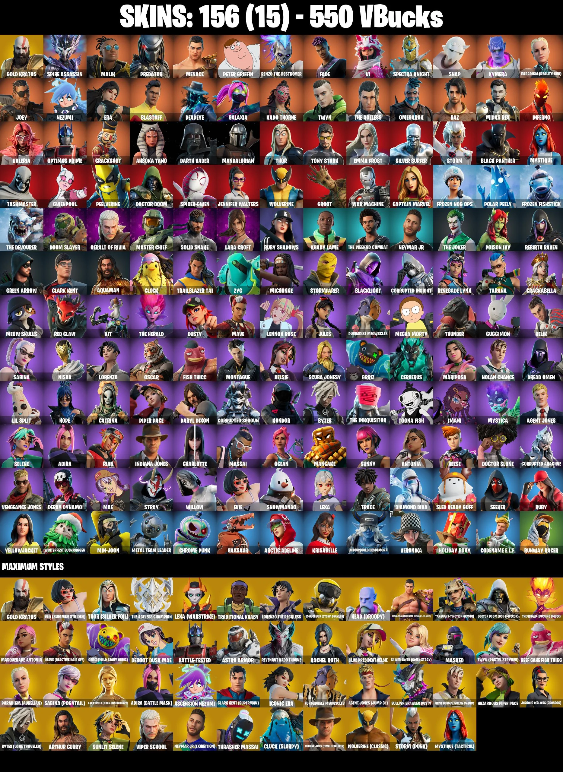 Master Chief ⭐️ Leviathan Axe ⭐️ Lara Croft ⭐️ Gold Kratos ⭐️ Galaxia ⭐️ Spider-Gwen ⭐️ Tony Stark ⭐️ Menace ⭐️ Spire Assassin ⭐️ Darth Vader ⭐️ The Ageless ⭐️ Optimus Prime ⭐️ Kado Thorne ⭐️ Wolverine ⭐️ PC/PSN/XBOX ♨️ 156 skins — image 1