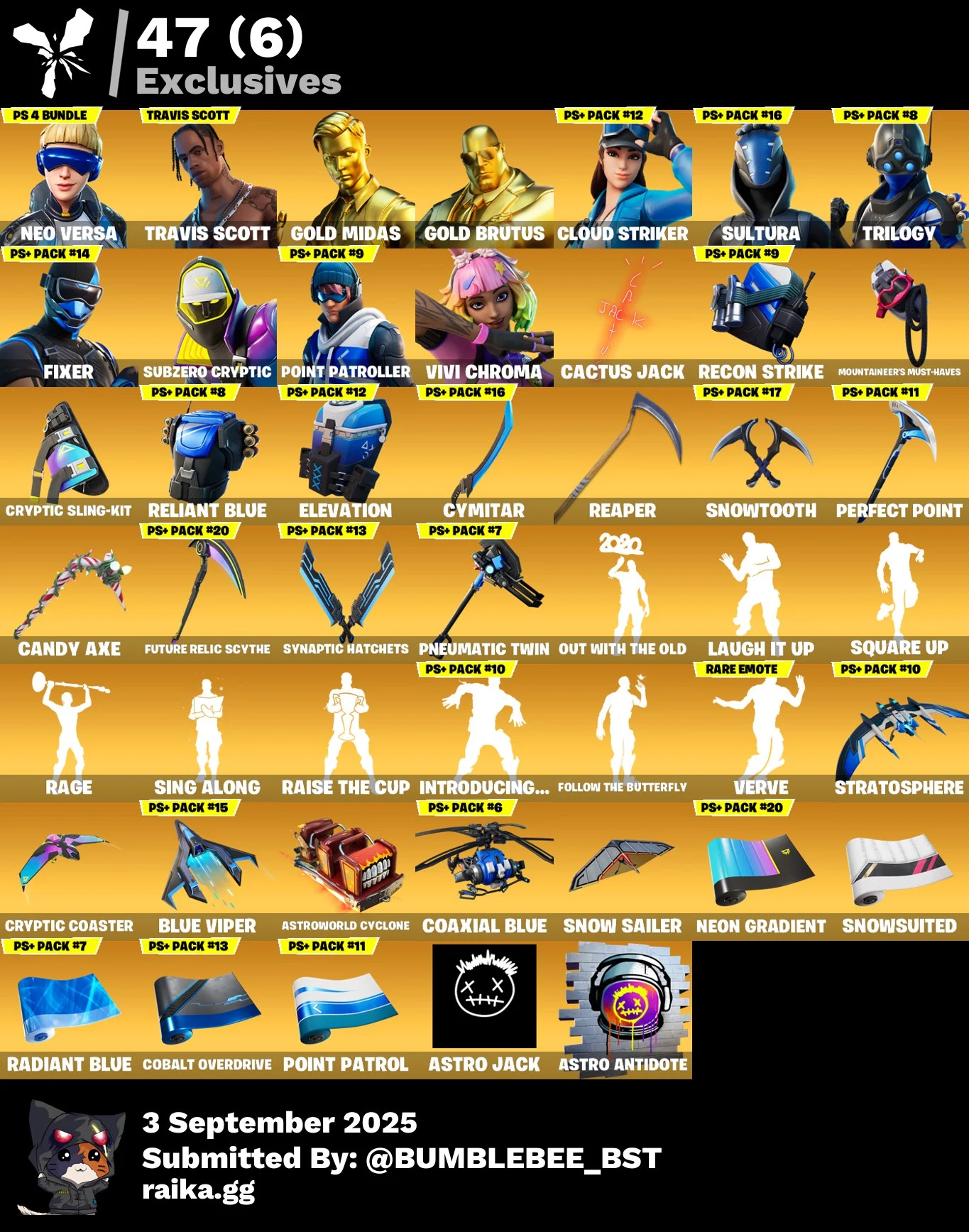 [PC] 164 skins | Renegade Raider | Neo Versa | Travis Scott | Gold Midas | Gold Brutus | Cloud Striker | Sultura | Trilogy | Fixer | Subzero Cryptic | 200 VB