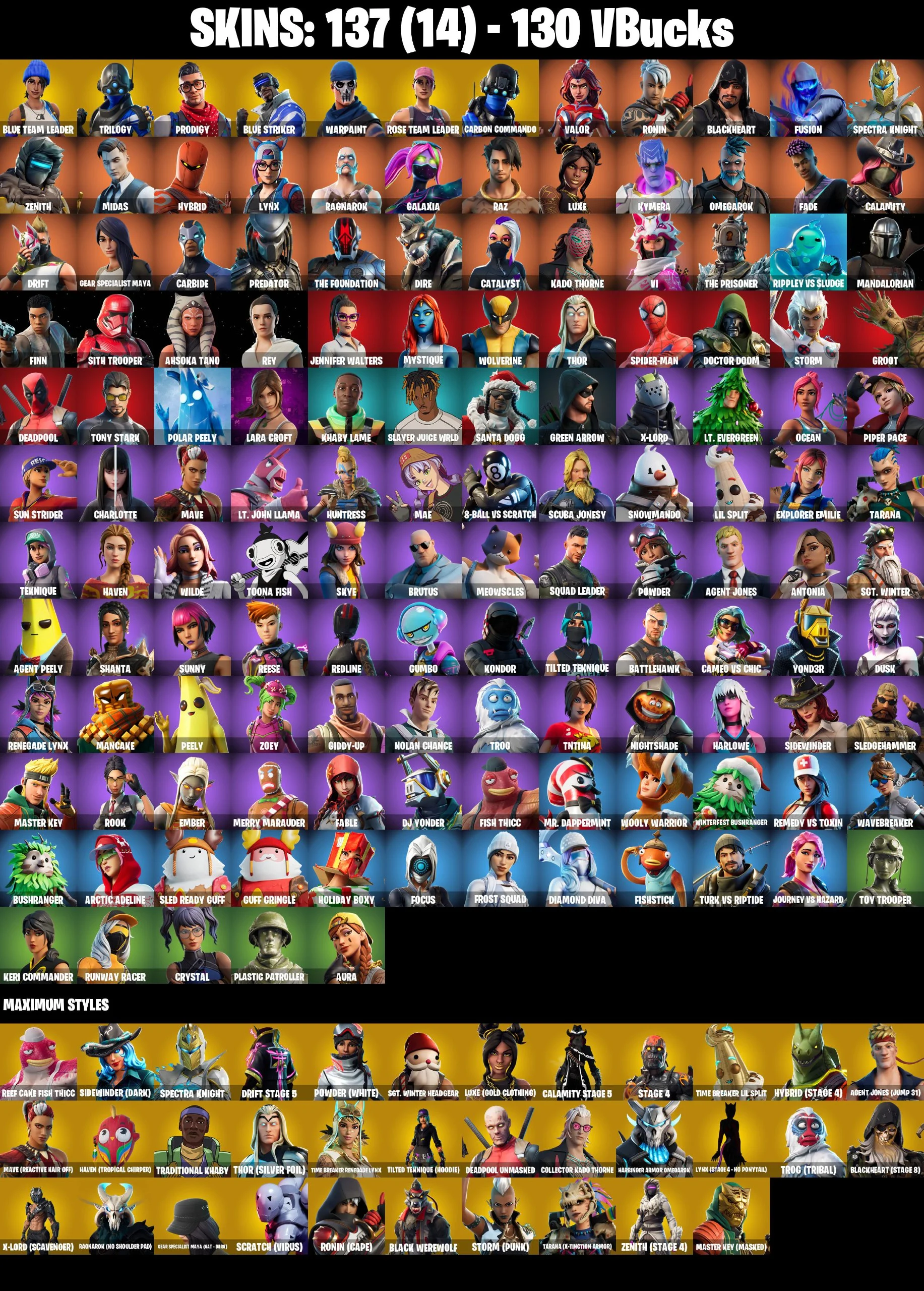 ❤️ [PC/PSN/XBOX/NINTENDO/MOBILE] 137 SKINS ❤️ OG STW ❤️ GALAXIA ❤️ MIDAS ❤️ BLUE TEAM LEADER ❤️ FUSION ❤️ CALAMITY ❤️ DRIFT ❤️ CARBIDE ❤️ DIRE ❤️ MANDALORIAN ❤️ FINN ❤️ SITH TROOPER ❤️ REY ❤️ AHSOKA TANO ❤️ MYSTIQUE ❤️ SPIDER-MAN ❤️ 130 VBUCKS ❤️ EMAIL