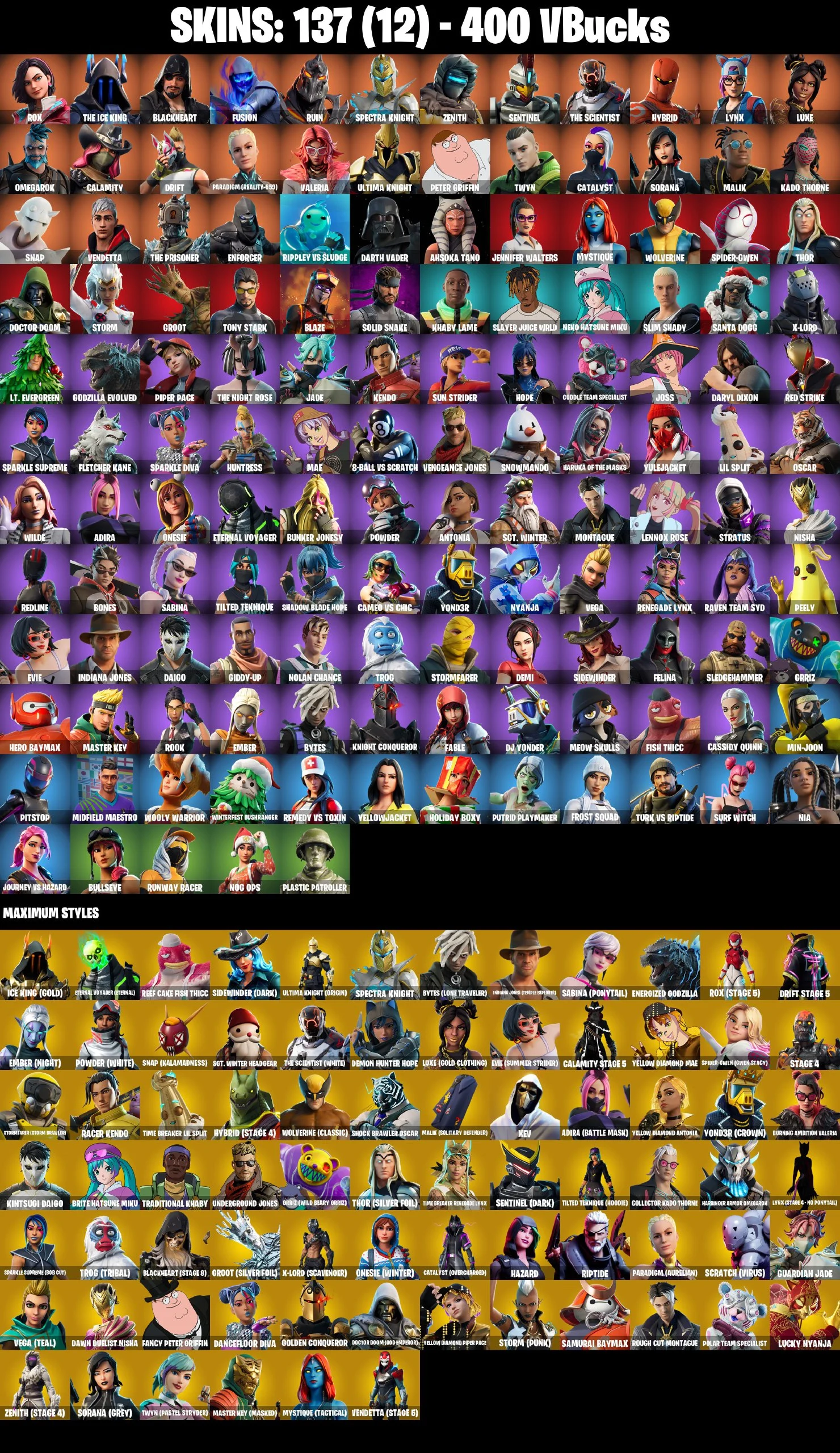 ❤️ [PC/PSN/XBOX/NINTENDO/MOBILE] 137 SKINS ❤️ ROX ❤️ THE ICE KING ❤️ BLACKHEART ❤️ FUSION ❤️ RUIN ❤️ SPECTRA KNIGHT ❤️ ZENITH ❤️ SENTINEL ❤️ THE SCIENTIST ❤️ HYBRID ❤️ LYNX ❤️ LUXE ❤️ OMEGAROK ❤️ CALAMITY ❤️ DRIFT ❤️ 400 VBUCKS ❤️ EMAIL