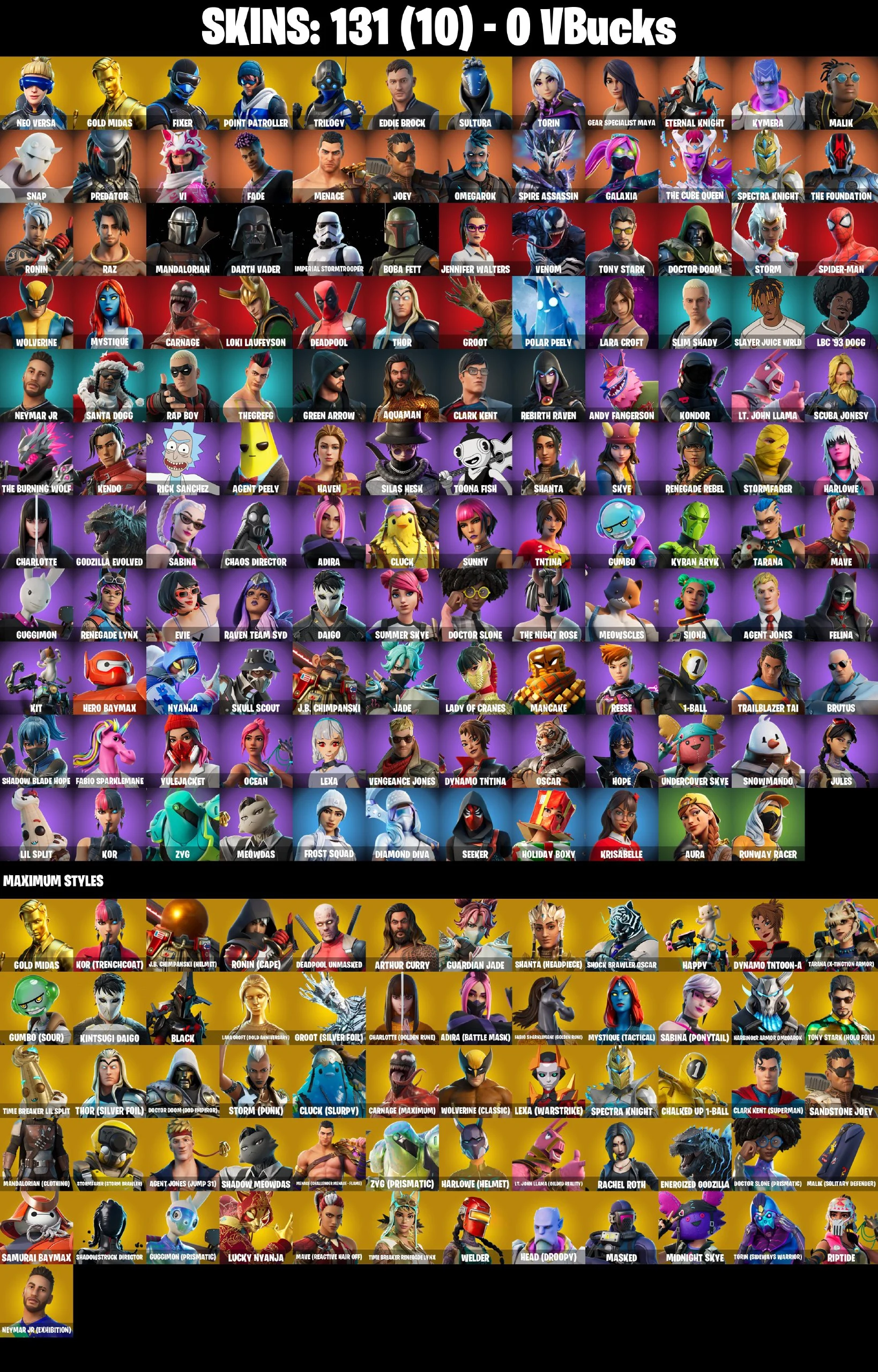 ❤️ [PC/PSN/XBOX/NINTENDO/MOBILE] 131 SKINS ❤️ NEO VERSA ❤️ GOLD MIDAS ❤️ EDDIE BROCK ❤️ GALAXIA ❤️ ETERNAL KNIGHT ❤️ VENOM ❤️ MANDALORIAN ❤️ DARTH VADER ❤️ IMPERIAL STORMTROOPER ❤️ BOBA FETT ❤️ TONY STARK ❤️ LARA CROFT ❤️ SPIDER-MAN ❤️ 0 VBUCKS ❤️ EMAIL