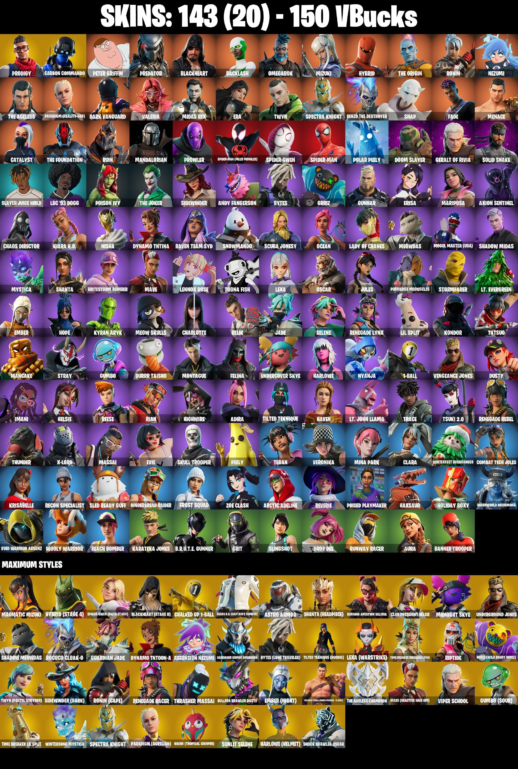 ❤️ [PC/PSN/XBOX/NINTENDO/MOBILE] 143 SKINS ❤️ SPIDER-MAN MILES MORALES ❤️ SPIDER-GWEN ❤️ SPIDER-MAN ❤️ THE JOKER ❤️ POISON IVY ❤️ BACKLASH ❤️ DARK VANGUARD ❤️ ANDY FANGERSON ❤️ RAVEN TEAM SYD ❤️ MOGUL MASTER (USA) ❤️ CHARLOTTE ❤️ 150 VBUCKS ❤️ EMAIL