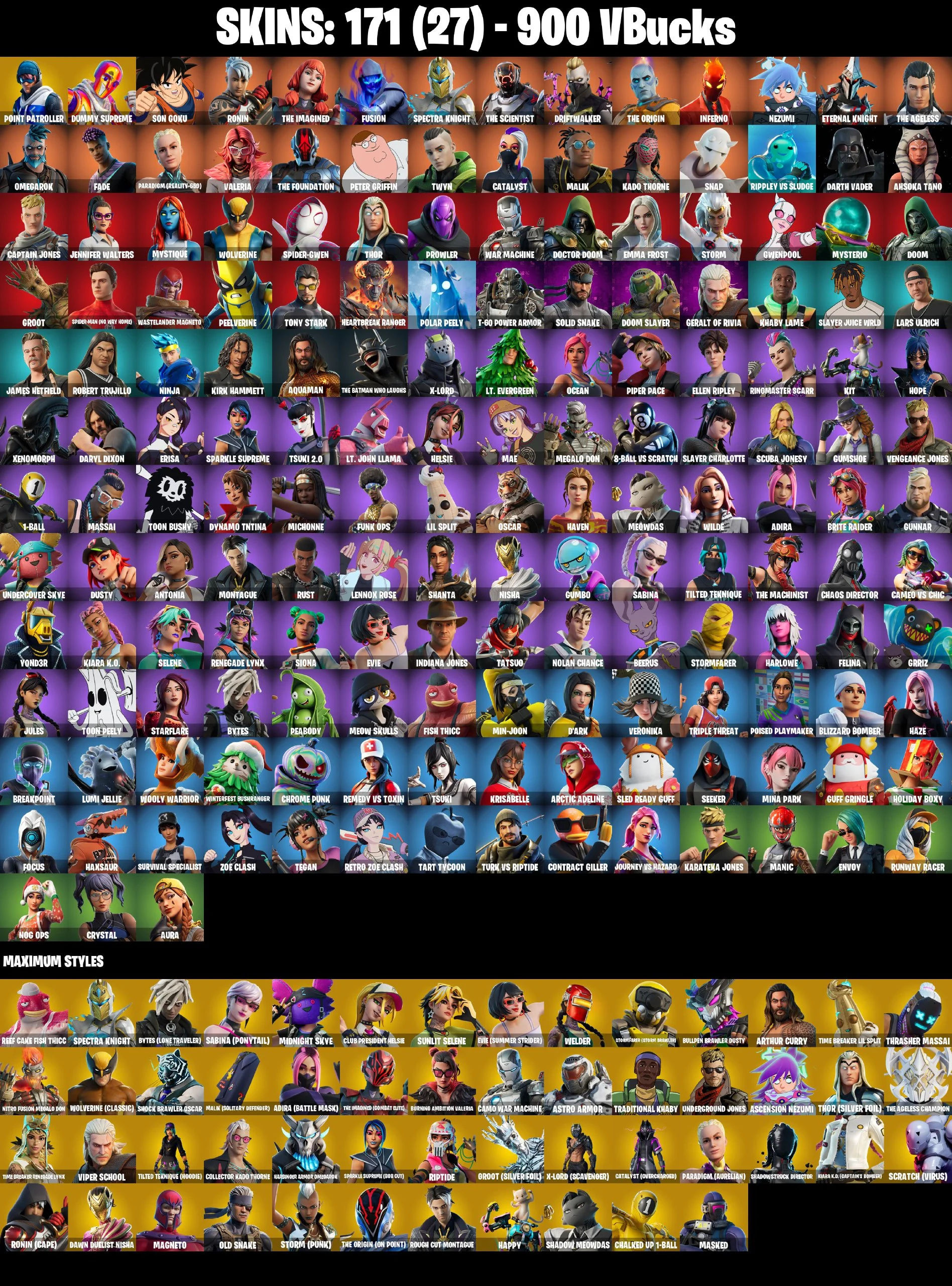 ❤️ [PC/PSN/XBOX/NINTENDO/MOBILE] 171 SKINS ❤️ DUMMY SUPREME ❤️ SLAYER CHARLOTTE ❤️ SON GOKU ❤️ DRIFTWALKER ❤️ INFERNO ❤️ DARTH VADER ❤️ TONY STARK ❤️ MYSTIQUE ❤️ NINJA ❤️ THE BATMAN WHO LAUGHS ❤️ MICHONNE ❤️ BEERUS ❤️ JULES ❤️ 900 VBUCKS ❤️ EMAIL