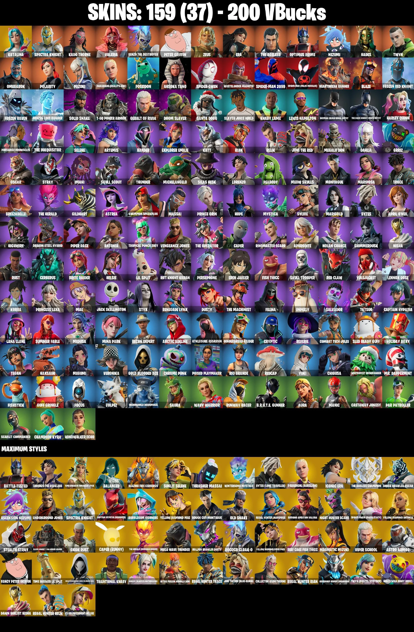 ❤️ [PC/PSN/XBOX/NINTENDO/MOBILE] 159 SKINS ❤️ SPIDER-MAN MILES MORALES ❤️ SPIDER-MAN 2099 ❤️ POLARITY ❤️ LEWIS HAMILTON ❤️ HARLEY QUINN ❤️ BATMAN COMIC BOOK ❤️ THE DARK KNIGHT ❤️ MEOW SKULLS ❤️ EREN JAEGER ❤️ SKULL TROOPER ❤️ 200 VBUCKS ❤️ EMAIL