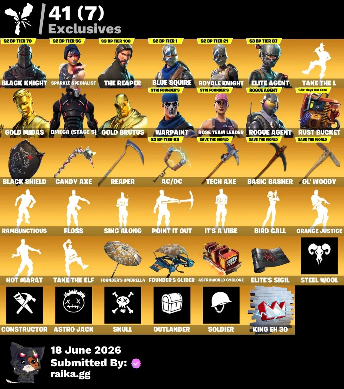 🔥 BLACK KNIGHT 🔥 301 SKINS 🔥 THE REAPER 🔥 TAKE THE L 🔥 OMEGA LVL 5 🔥 ROGUE AGENT 🔥 GOLD MIDAS 🔥 OG STW 🔥 650 VBUCKS