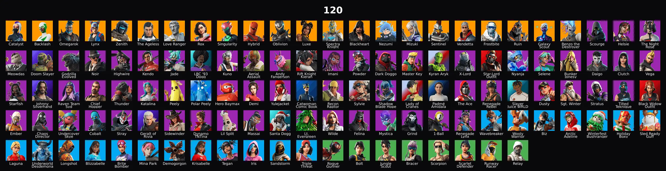 PC,PSN,XBOX 120 SKINS FA ⸱ MERRY MINT AXE ⸱ BACKLASH,SCOURGE,GALAXY SCOUT,STAR-LORD,CLUTCH&GRIND,STARFISH,SILVERHAND,DEMI,CATWOMAN,BLACK WIDOW RK2301 — image 1