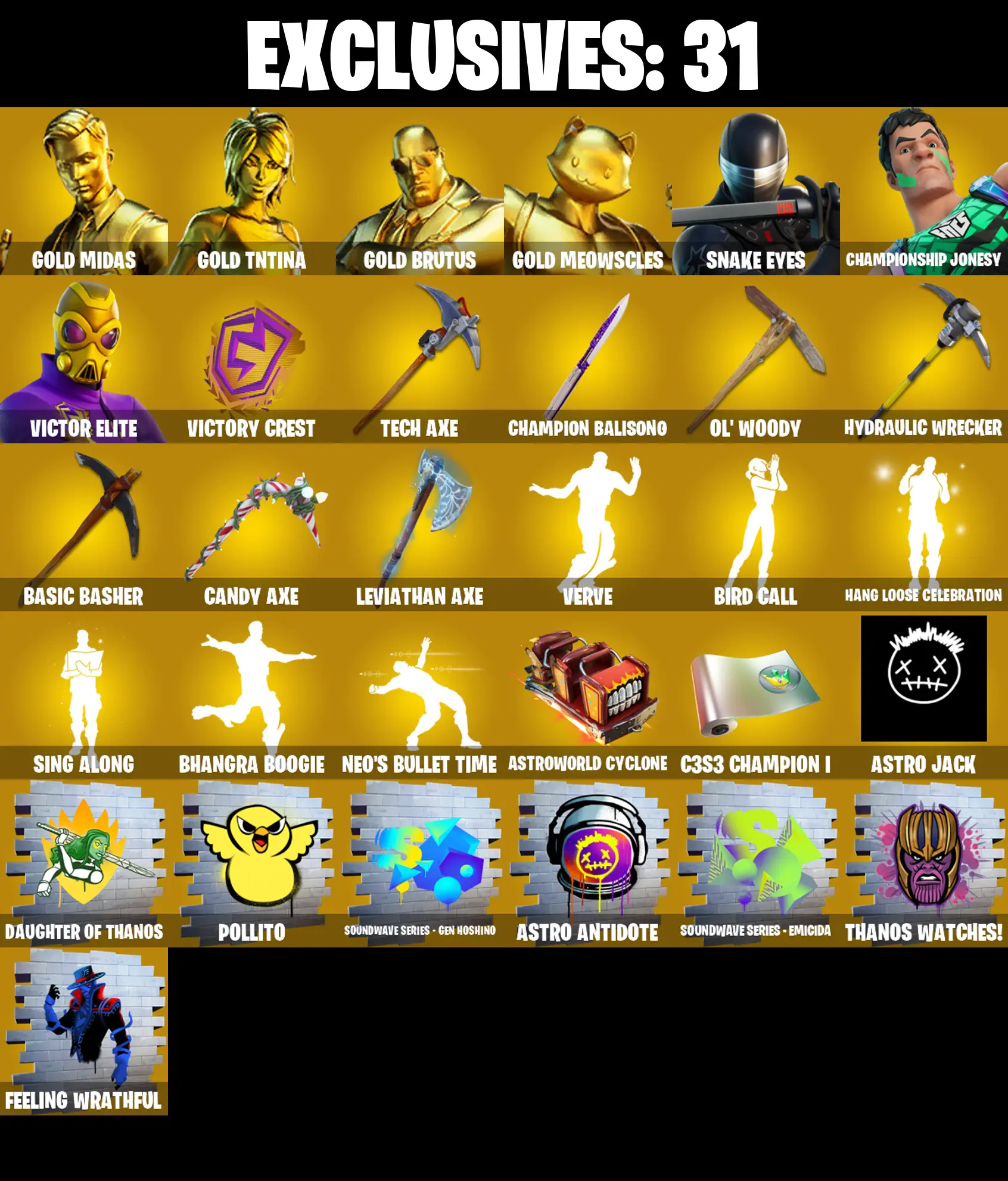 (PC/PSN/XBOX) 295 SKINS π Gold Midas π Gold TNTina π Gold Brutus π Gold Meowscles π Snake Eyes π Championship Jonesy π 0 V-Buck PARENTAL CONTROL β image 1