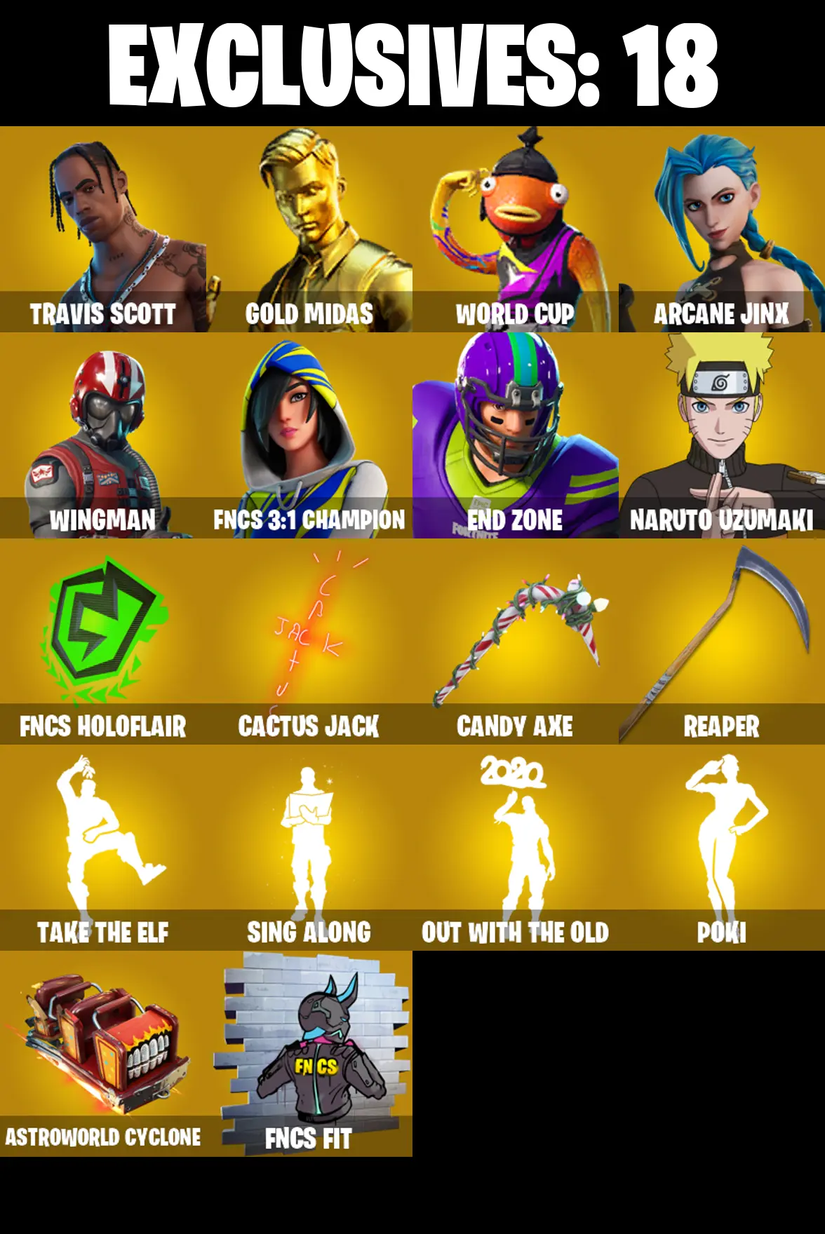 (PC/PSN/XBOX) 247 SKINS π Travis Scott π Gold Midas π WORLD CUP π Arcane Jinx π Wingman π FNCS 3:1 Champion π End Zone π 500 V-Buck PARENTAL CONTROL β image 1