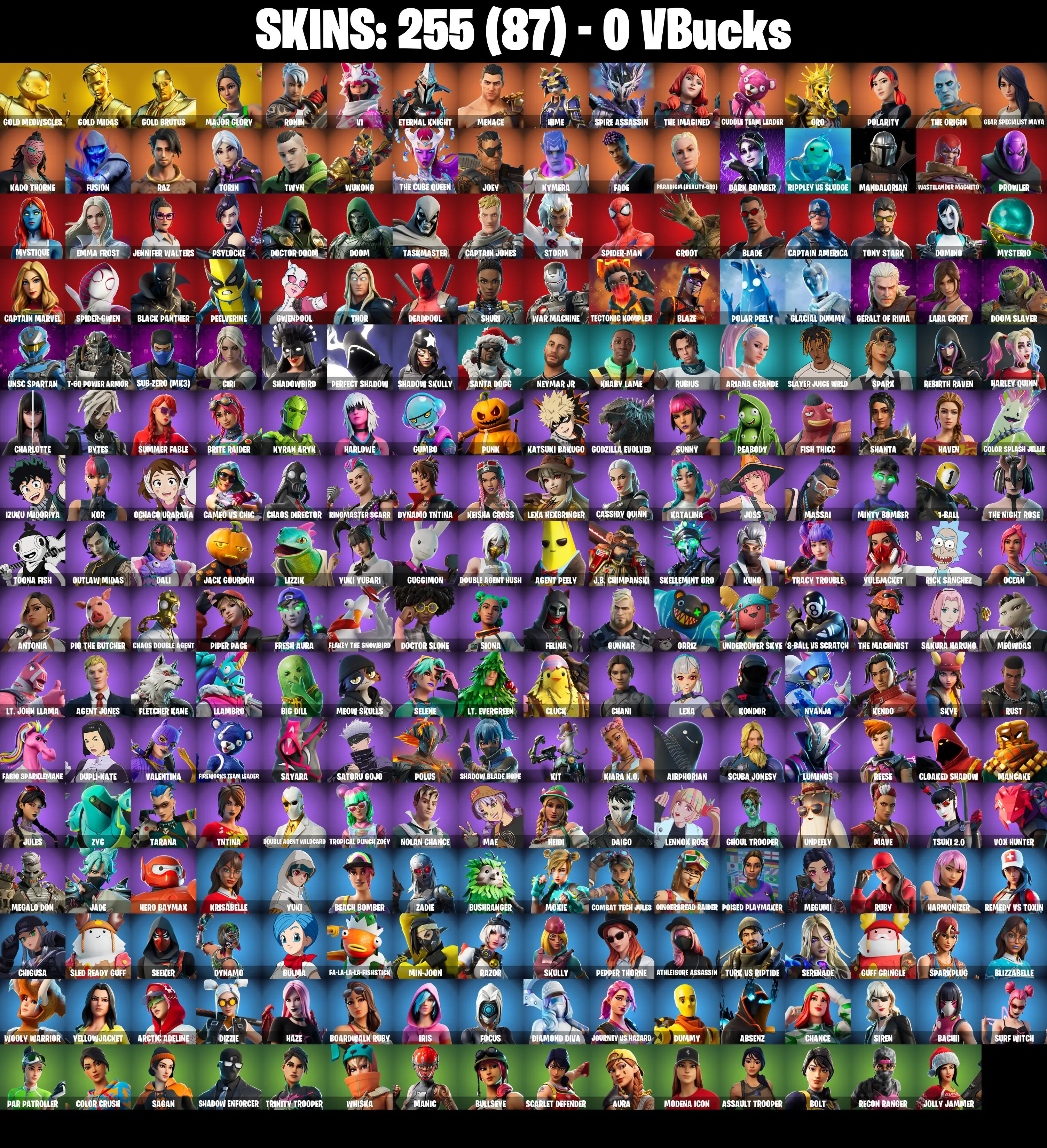 (PC/PSN/XBOX) 255 SKINS / Gold Meowscles π° Gold Midas π° Gold Brutus π° Major Glory π° Ronin π° Vi π° Eternal Knight π° Menace π° Hime π° 0 V-Buck PARENTAL CONTROL β image 2