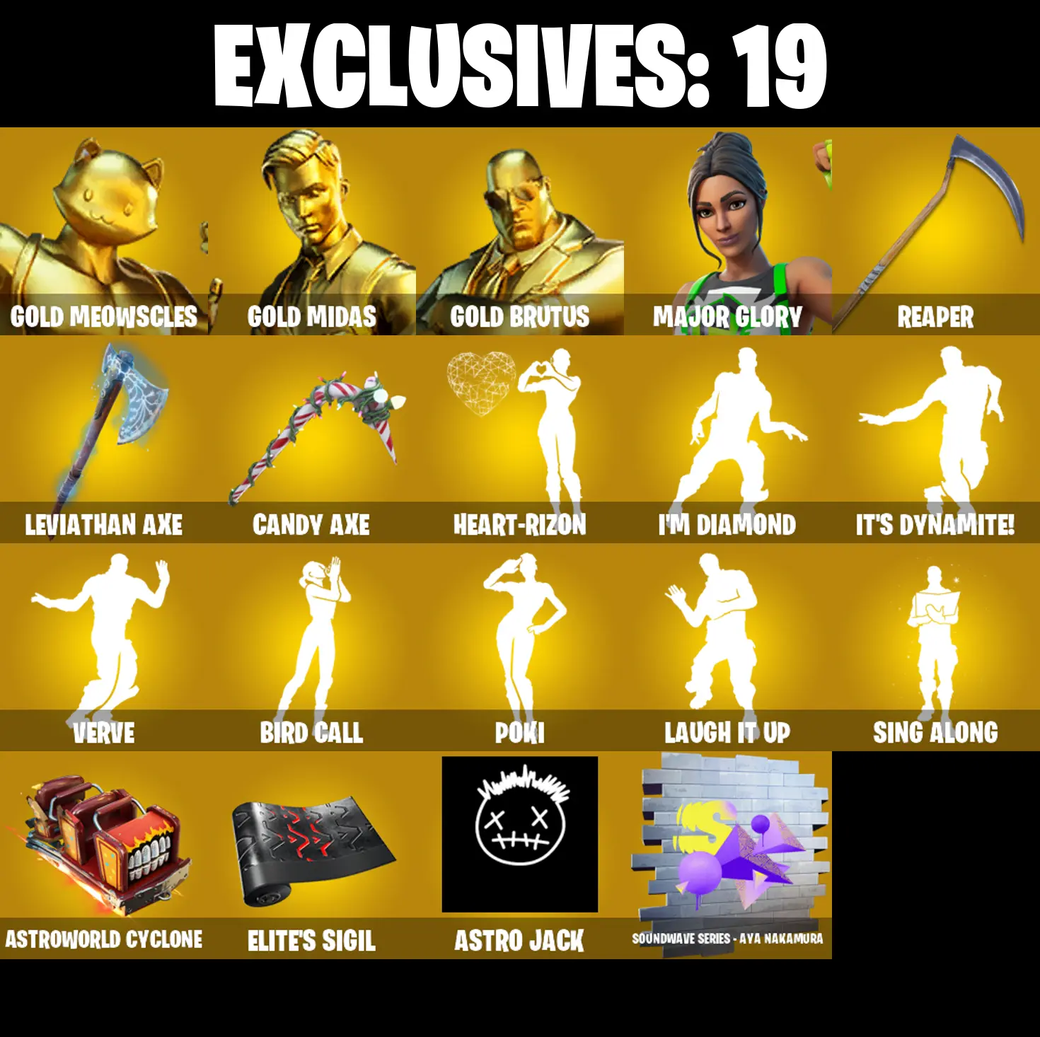 (PC/PSN/XBOX) 255 SKINS / Gold Meowscles π° Gold Midas π° Gold Brutus π° Major Glory π° Ronin π° Vi π° Eternal Knight π° Menace π° Hime π° 0 V-Buck PARENTAL CONTROL β image 1