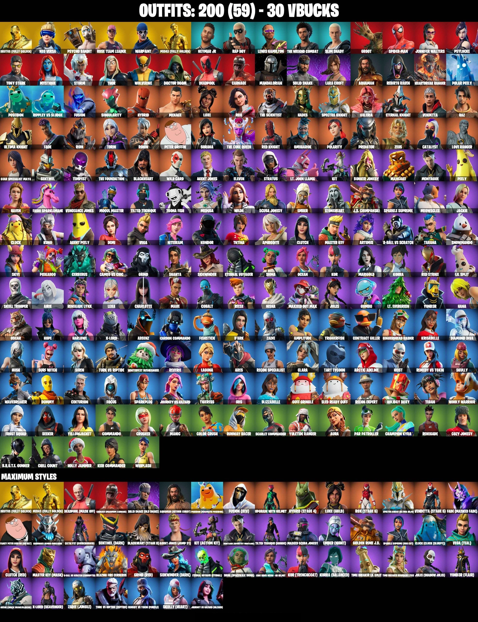 [PC/PSN/XBOX/NINTENDO] 200 SKINS | RAGE , PSYCHO BANDIT , OG STW , NEO VERSA , SPIDERMAN , MIDAS (FULLY GOLDEN) , SKULL TROOPER , SURF WITCH , WIDOW'S BITE |  | MAIL CHANGEABLE