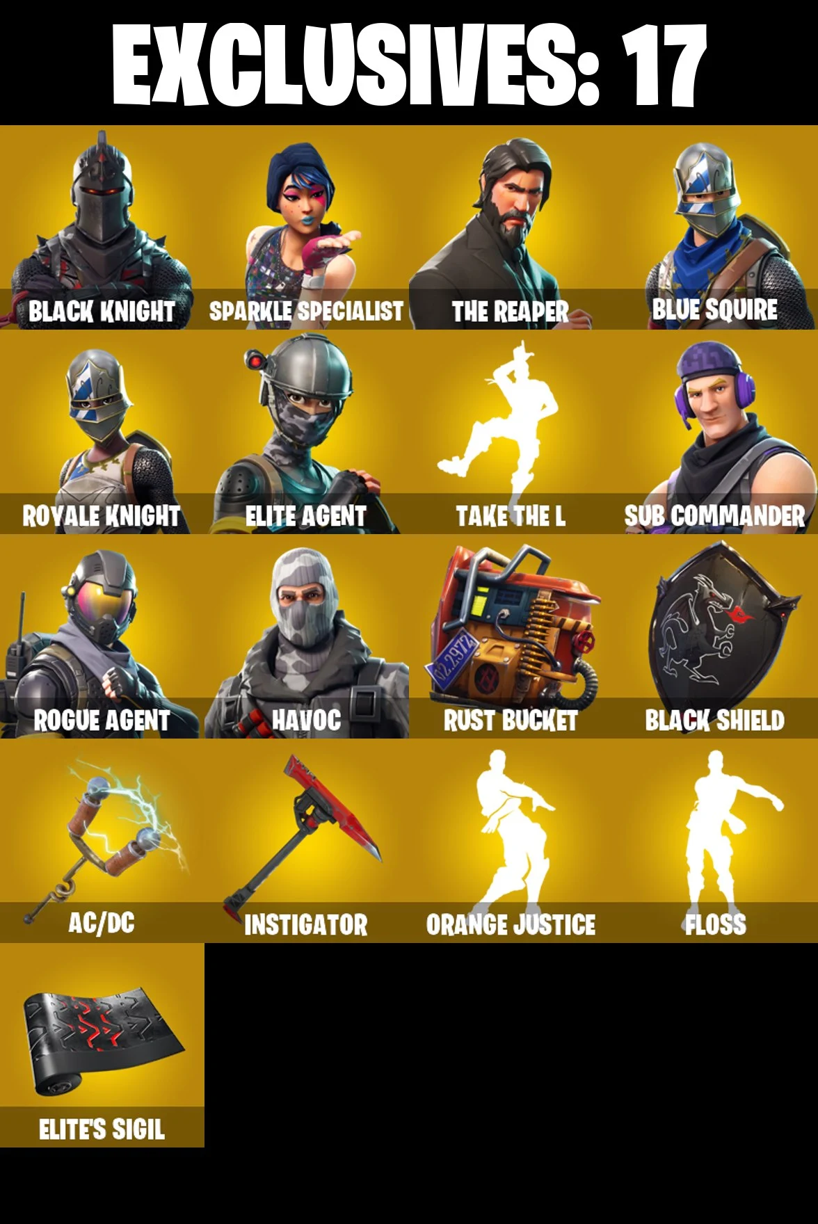 ⚡️PC/PSN/XBOX⚡️41 Skins 💎 Black Knight 💎 Floss 💎 Take The L 💎 Sparkle Specialist 💎 The Reaper 💎 Blue Squire 💎 Royale Knight 💎 Elite Agent 💎 Sub Commander 💎 Rogue Agent 💎 Get Griddy 💎 Skull Trooper 💎 Backlash 💎 AC/DC 💎 Black Shield — image 1