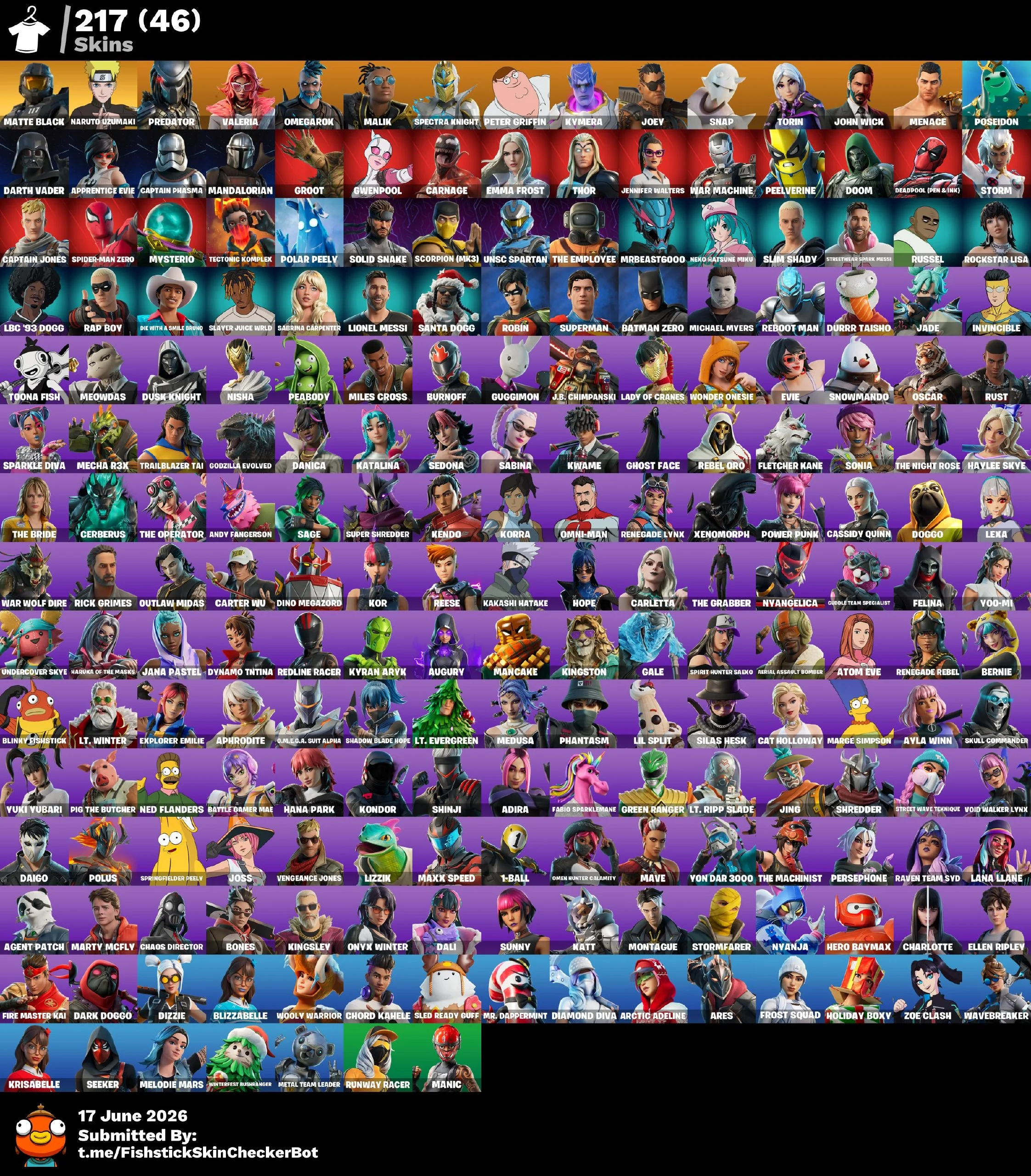 [PC | PSN | XBOX] 217 skins | Master Chief (Matte Black) | Naruto Uzumaki | Predator | Valeria | Omegarok | Malik | Spectra Knight | Peter Griffin | Kymera | 2500 VB