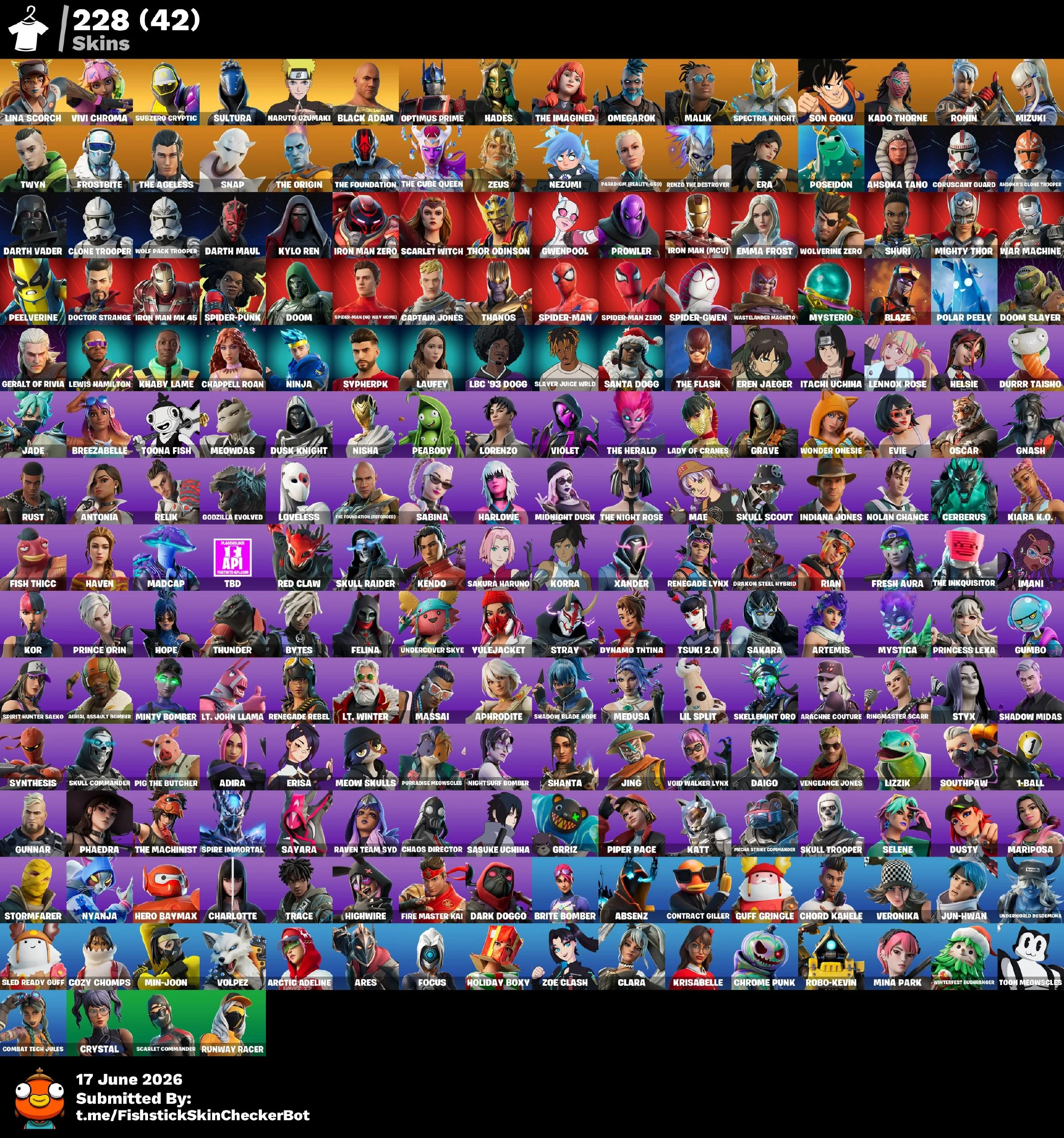 [PC | PSN | XBOX] 228 skins | Naruto Uzumaki | Lina Scorch | Vivi Chroma | Black Adam | Subzero Cryptic | Sultura | Optimus Prime | Hades | The Imagined | 150 VB