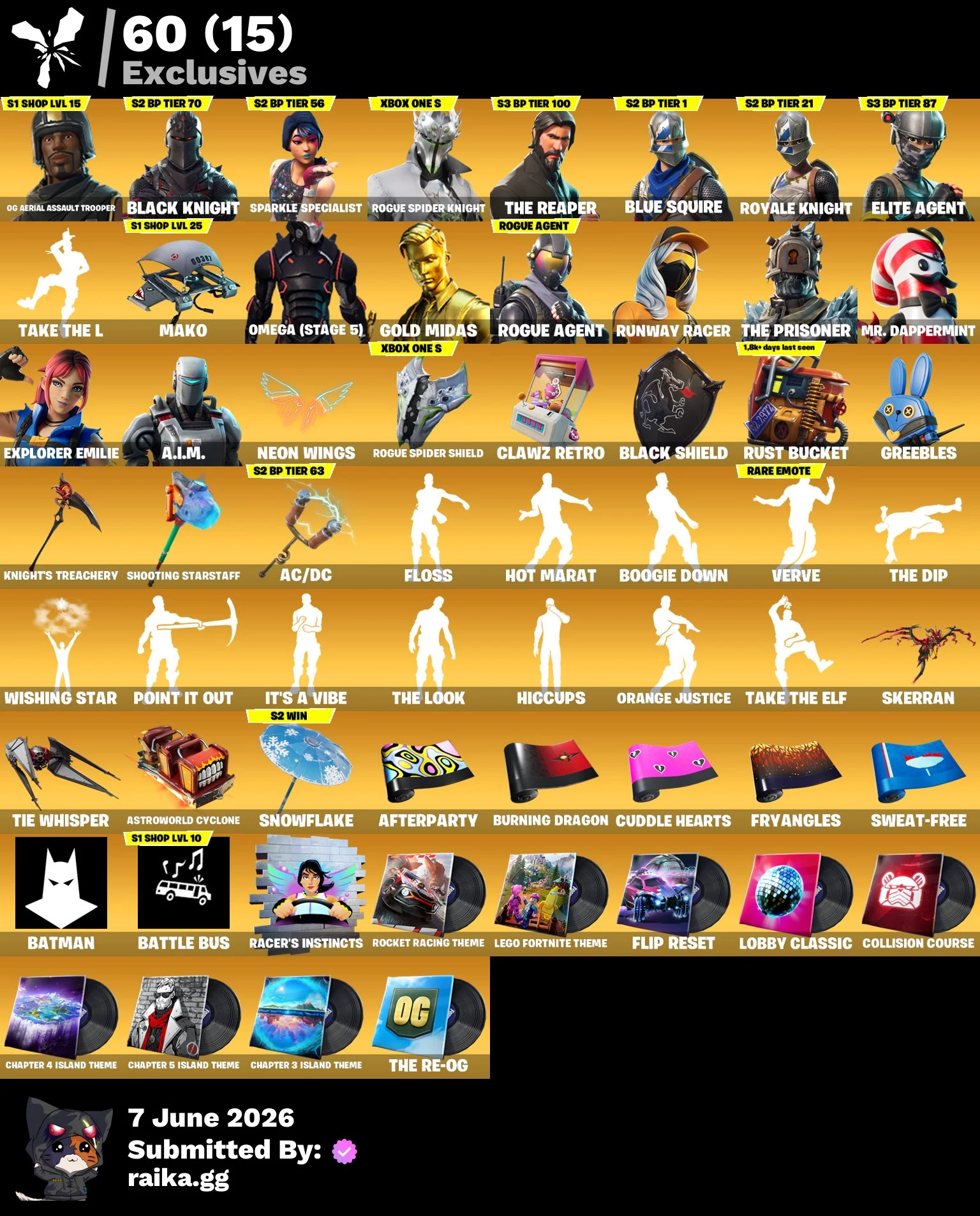 OG EXCLUSIVES DEAL 🔥 PC/XBOX 🌟 165 Skins | OG Aerial Assault Trooper | Black Knight | Sparkle Specialist | Rogue Spider Knight | The Reaper | Blue Squire | Royale Knight | Elite Agent | Omega (stage 5) | 6500 VB