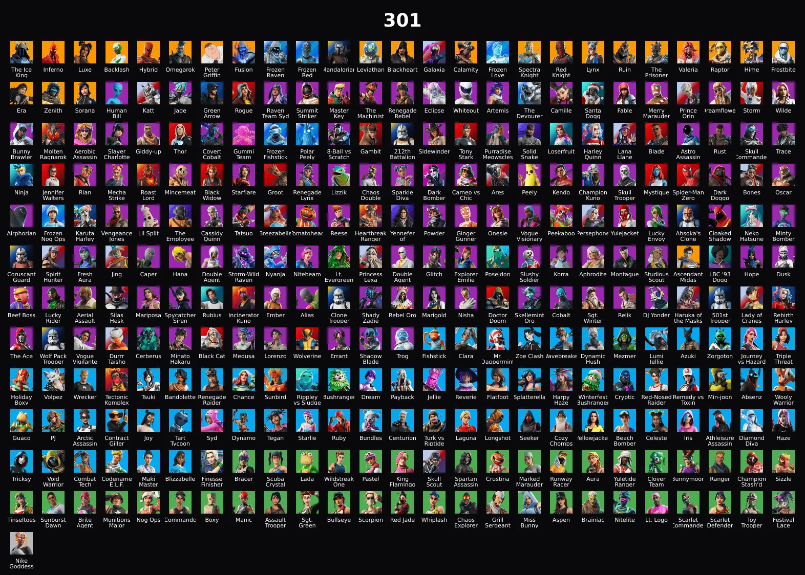 PC 301 SKINS FA ⸱ BACKLASH,INFERNO,GALAXIA,ROGUE,STORM,TONY STARK,GAMBIT,BLACK WIDOW,YENNEFER,GLITCH RK1860 — image 1