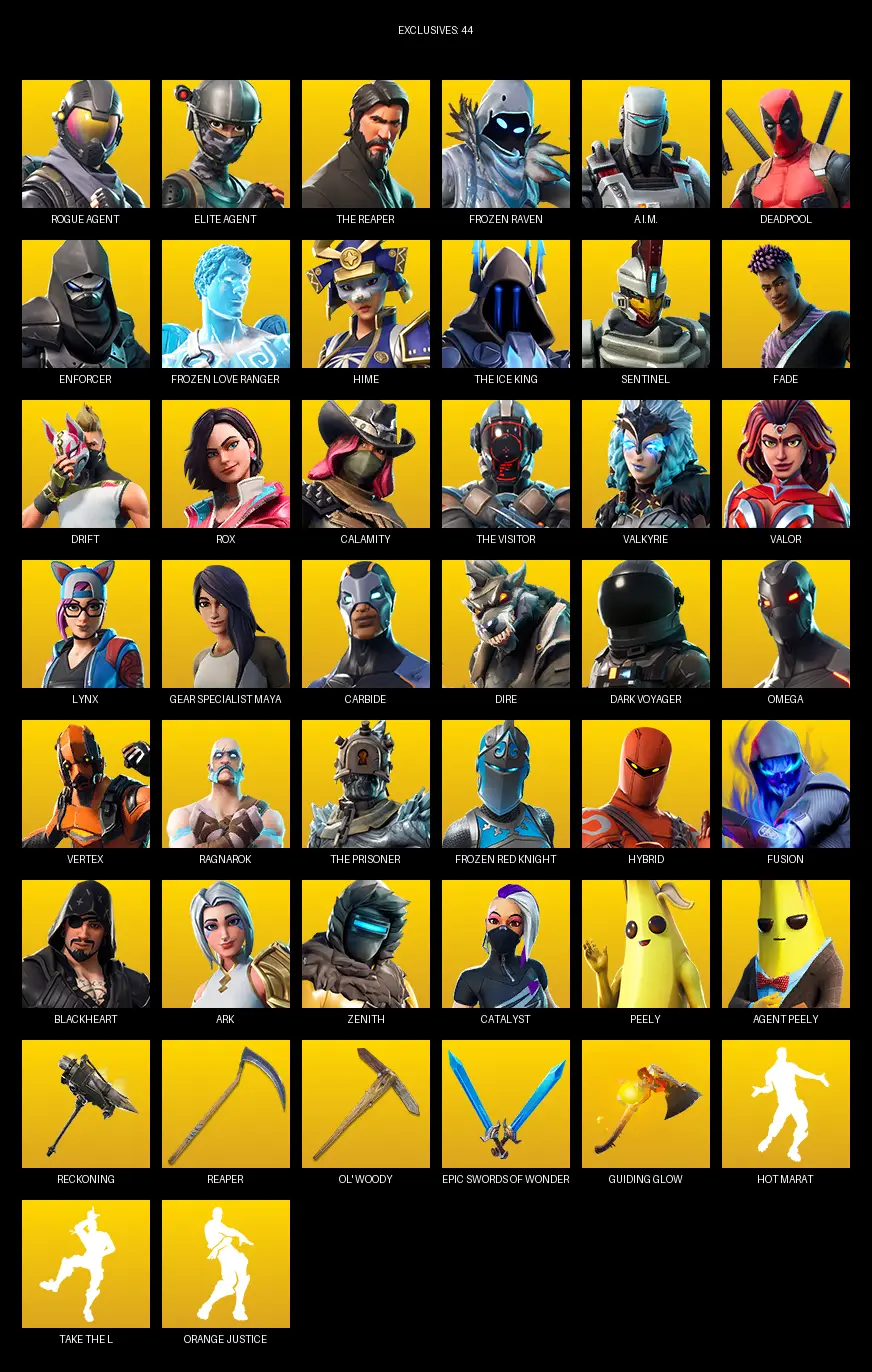 [PC/PSN/XBOX] | 93 skins | Take The L | The Reaper | Elite Agent | Omega | Rogue Agent | Frozen Raven | A.I.M. | Deadpool | Enforcer | #FFG2407