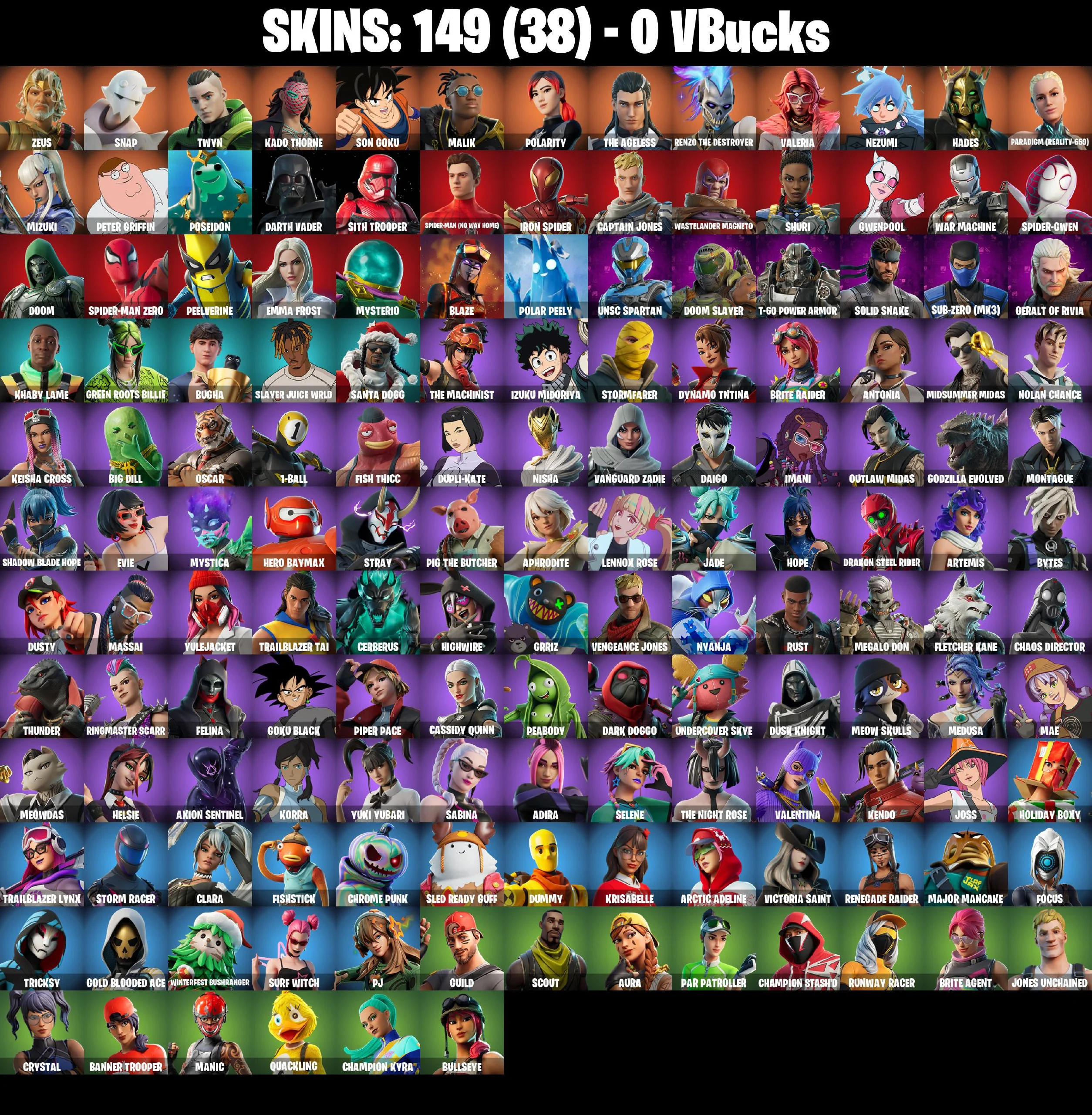 (PC/PSN/XBOX) 149 SKINS π« Renegade Raider β‘οΈ Zeus π Snap β‘οΈ Twyn π Kado Thorne β‘οΈ Son Goku π Malik β‘οΈ Polarity π The Ageless | 0 V-Buck | PARENTAL CONTROLS β image 2