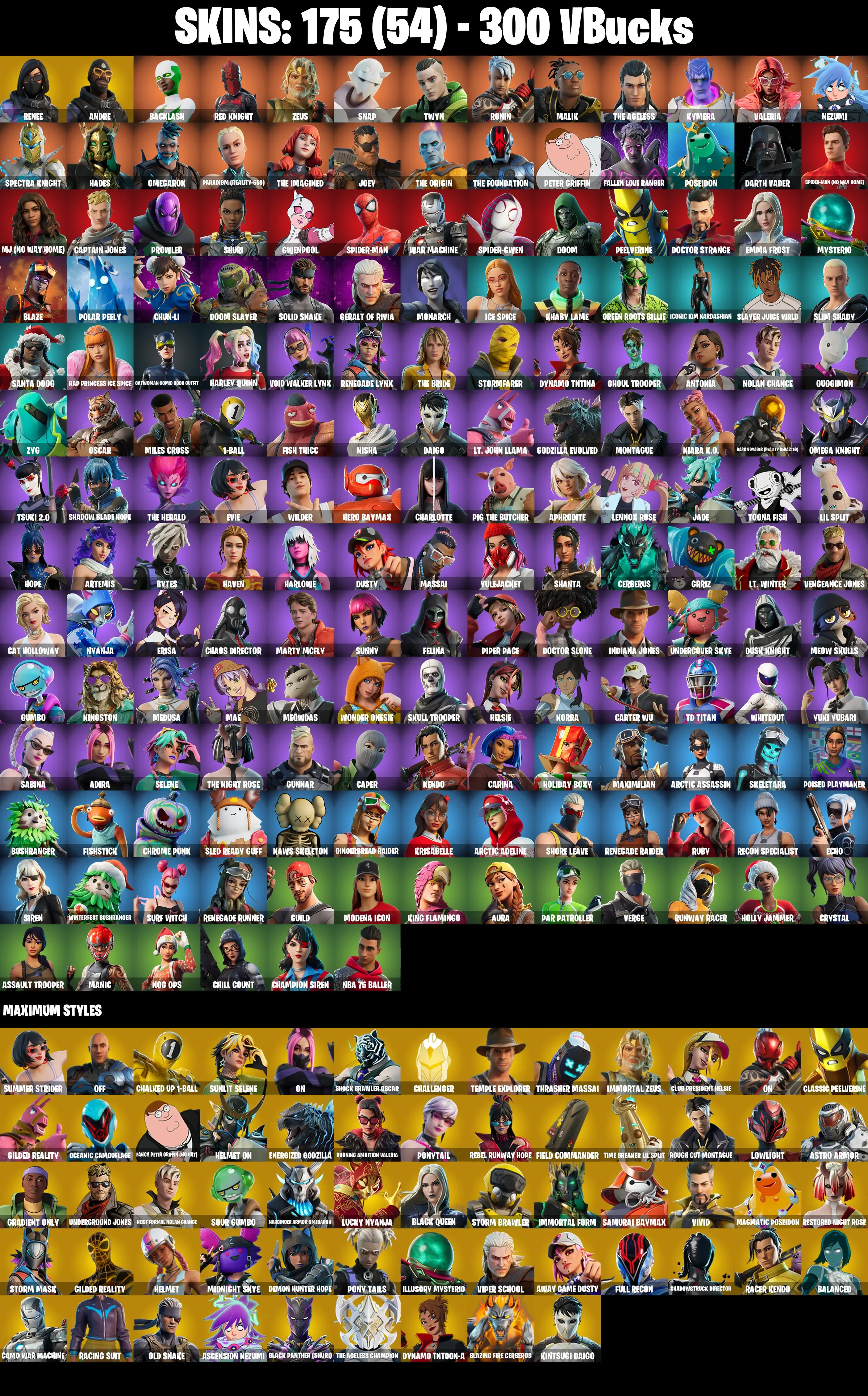 (PC/PSN/XBOX) 175 SKINS π« Renegade Raider β‘οΈ Renee π Andre β‘οΈ Backlash π Red Knight β‘οΈ Zeus π Snap β‘οΈ Twyn π Ronin β‘οΈ Malik | 300 V-Buck | PARENTAL CONTROLS β image 2