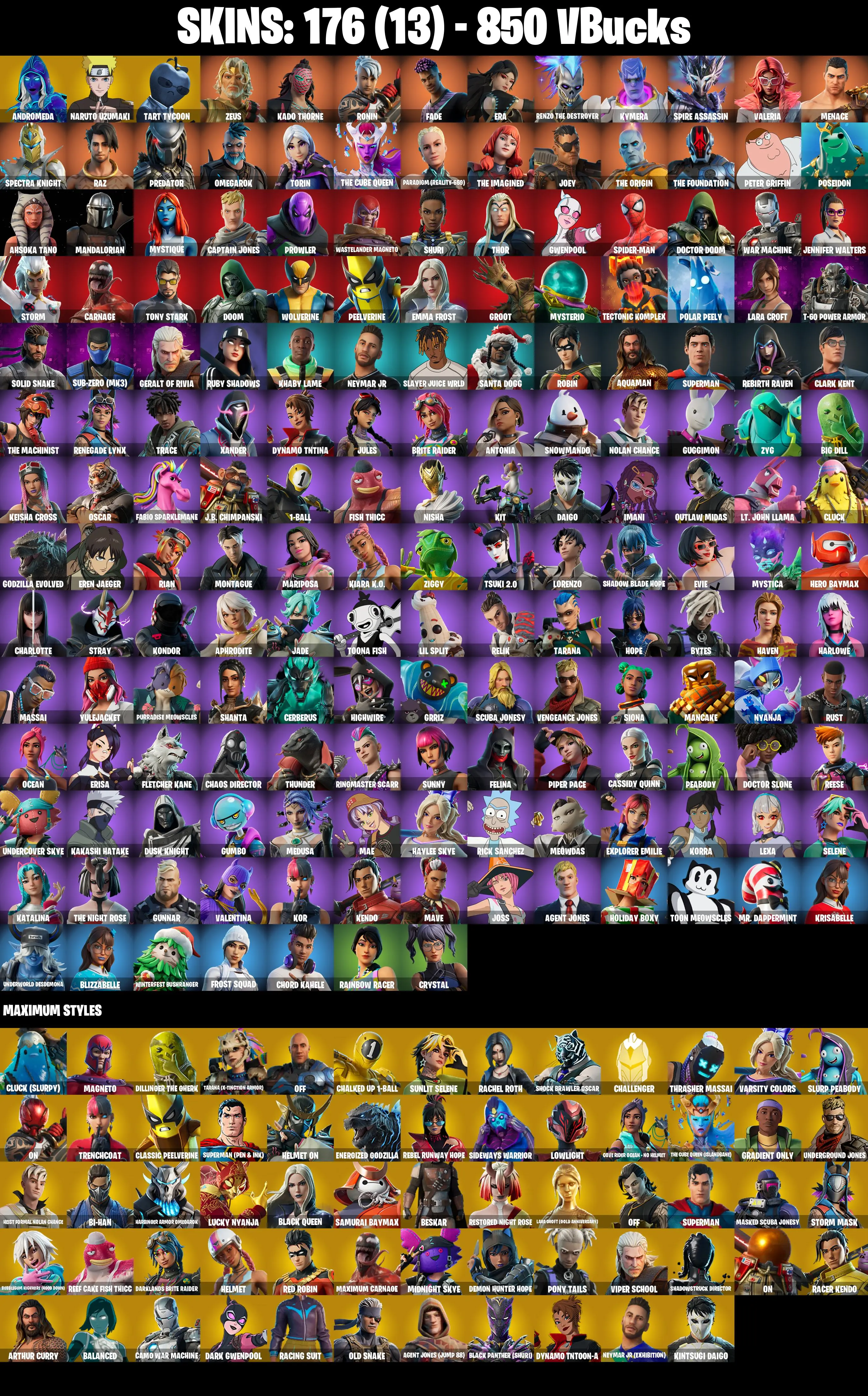 (PC/PSN/XBOX) 176 SKINS π« Andromeda β‘οΈ Naruto Uzumaki π Tart Tycoon β‘οΈ Zeus π Kado Thorne β‘οΈ Ronin π Fade β‘οΈ Era | 850 V-Buck | PARENTAL CONTROLS β image 2