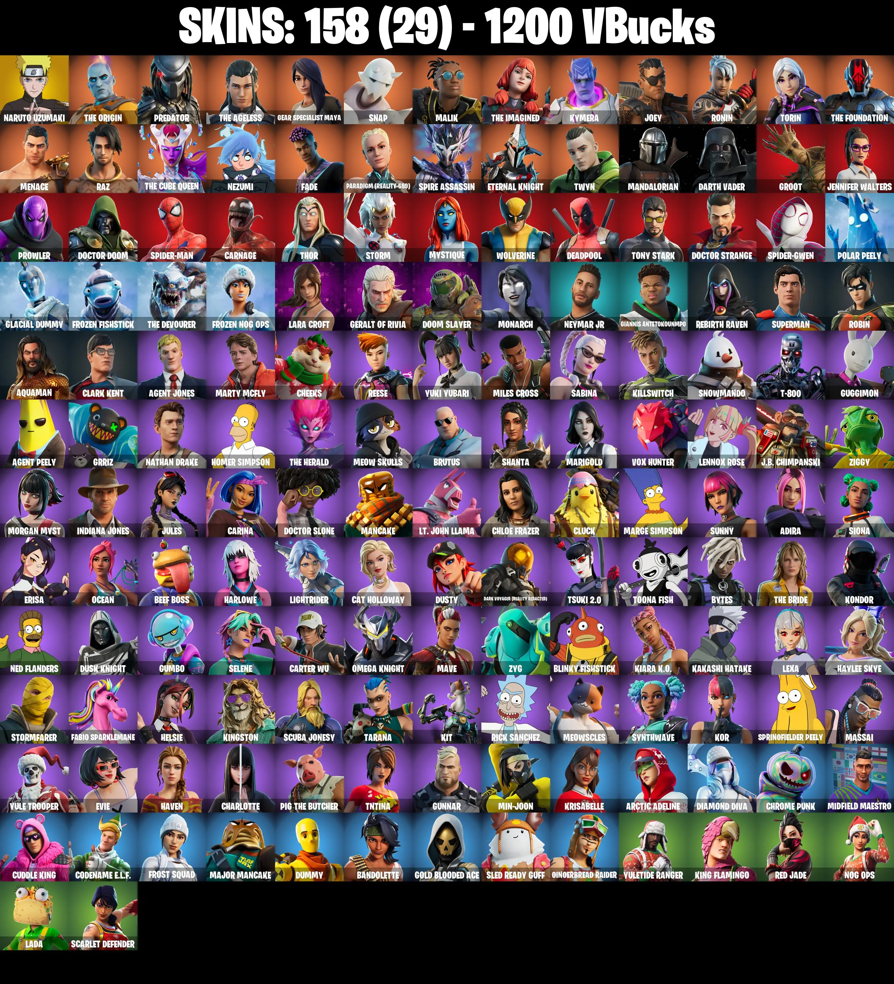 (PC/XBOX) 158 SKINS π₯ Naruto Uzumaki π₯ The Origin π₯ Predator π₯ The Ageless π₯ Gear Specialist Maya π₯ Snap π₯ Malik π₯ 1200 V-Buc PARENTAL CONTROLS β image 1