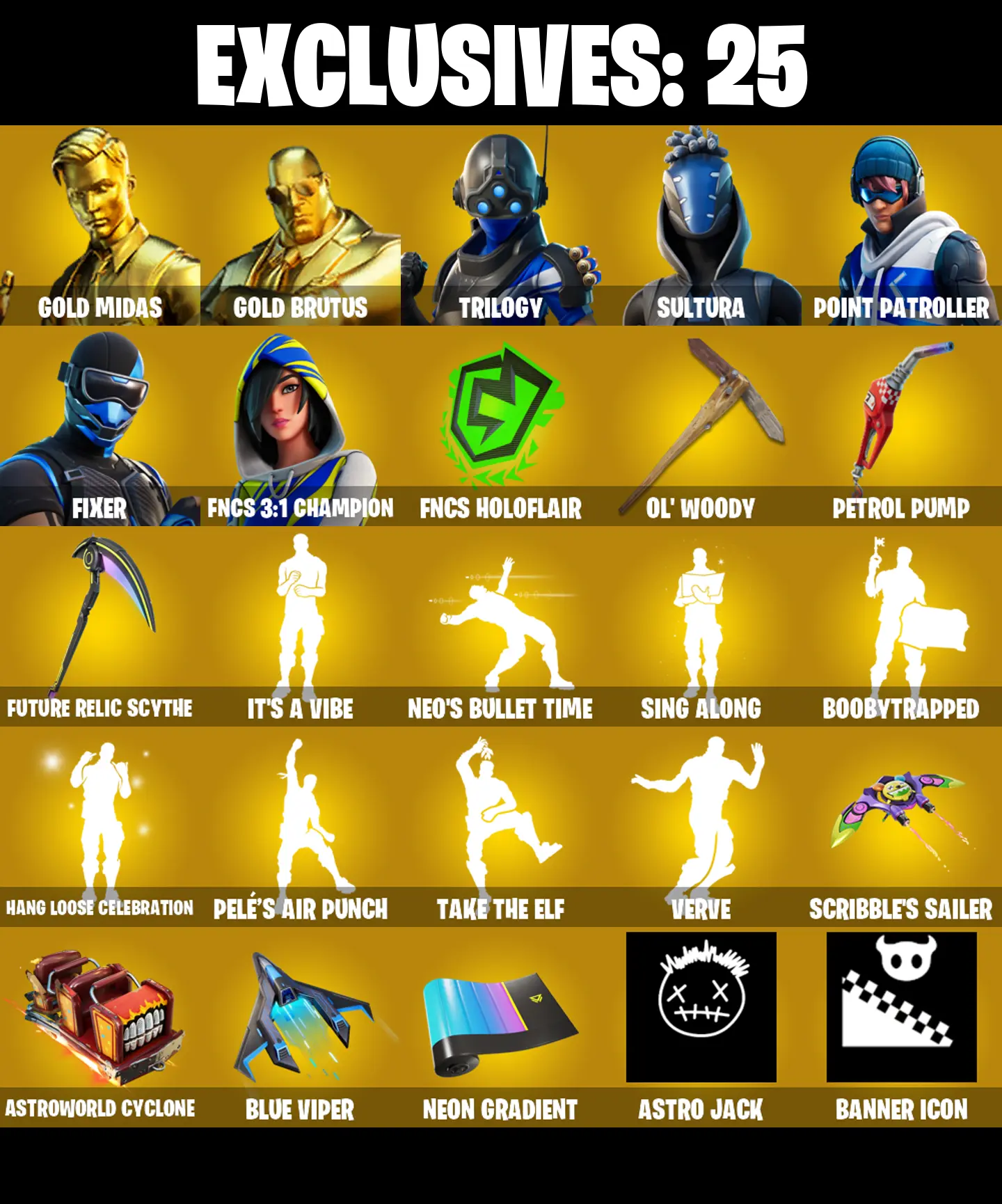 (PC/XBOX) 187 SKINS π₯ Gold Midas π₯ Gold Brutus π₯ Trilogy π₯ Sultura π₯ Point Patroller π₯ Fixer π₯ FNCS 3:1 Champion π₯ 50 V-Bucks PARENTAL CONTROLS β image 1