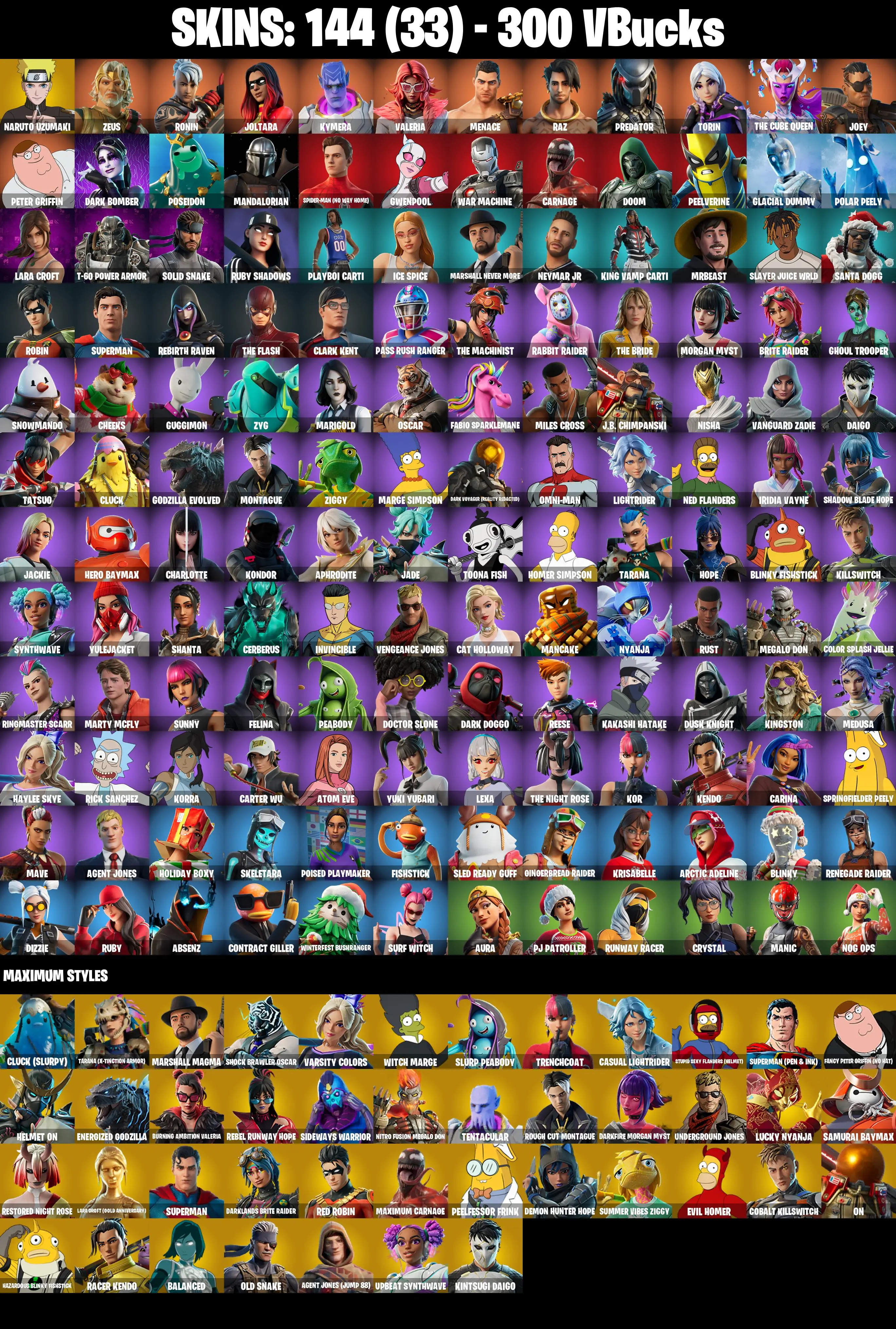 (PC/PSN/XBOX) 144 SKINS π« Renegade Raider β‘οΈ Naruto Uzumaki π Zeus β‘οΈ Ronin π Joltara β‘οΈ Kymera π Valeria β‘οΈ Menace π Raz | 300 V-Buck | PARENTAL CONTROLS β image 2
