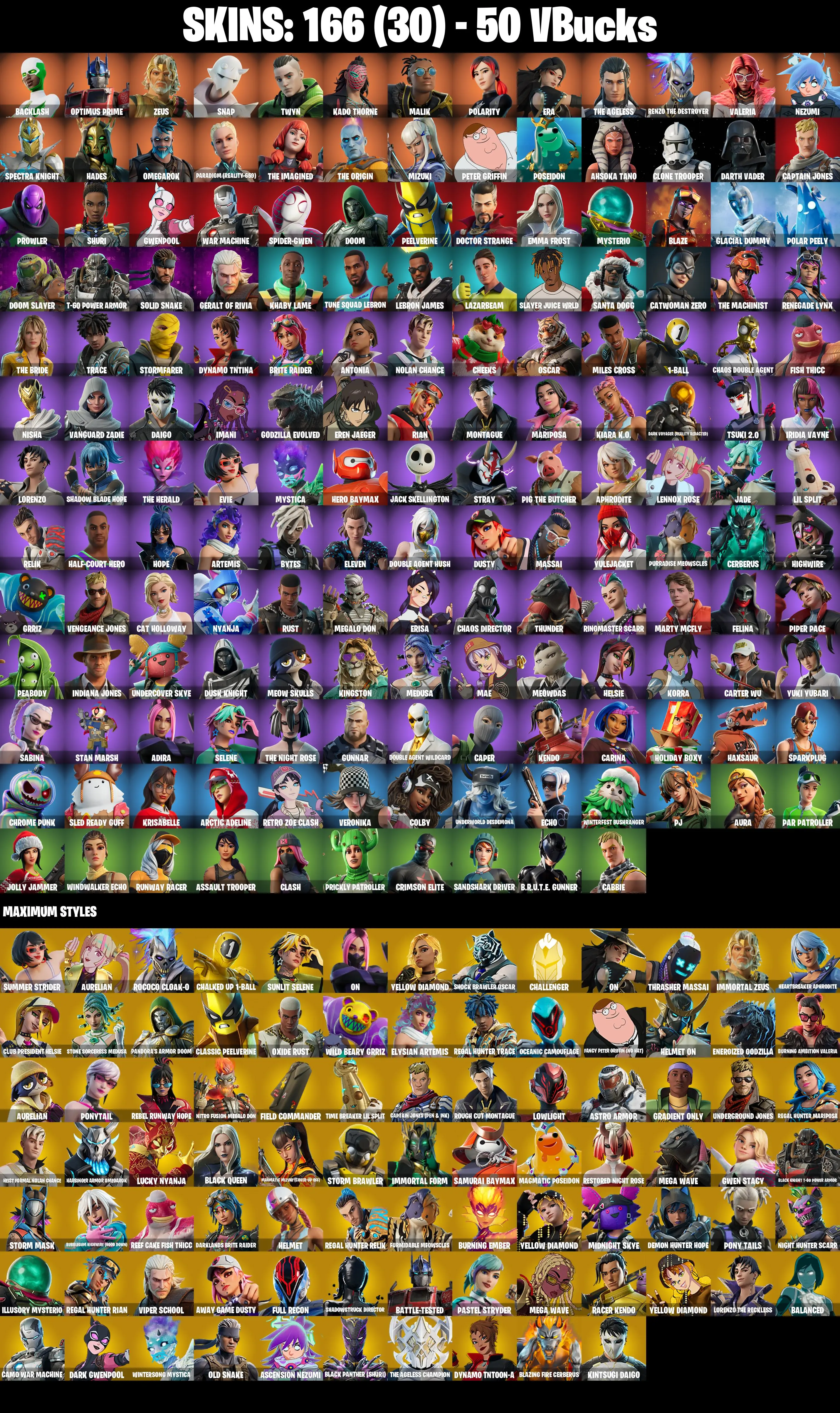 (PC/PSN/XBOX) 166 SKINS π« Backlash β‘οΈ Optimus Prime π Zeus β‘οΈ Snap π Twyn β‘οΈ Kado Thorne π Malik β‘οΈ Polarity π Era β‘οΈ The Ageless | 50 V-Buck | PARENTAL CONTROLS β image 2