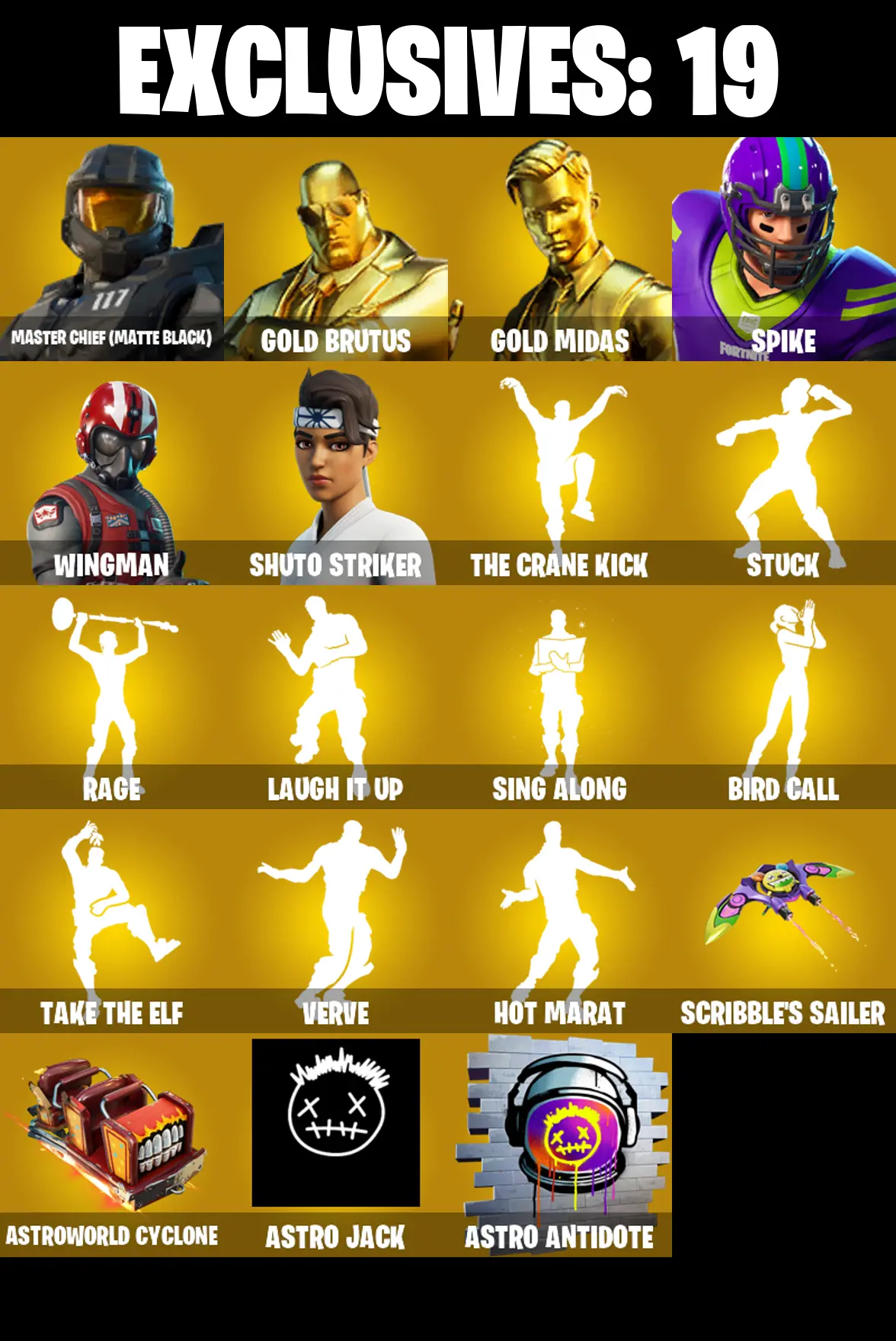 (PC) 236 SKINS π₯ Renegade Raider π₯ Master Chief (Matte Black) π₯ Gold Brutus π₯ Gold Midas π₯ Spike π₯ Wingman π₯ Shuto Striker π₯ 200 V-Bucksπ₯ PARENTAL CONTROLS β image 1