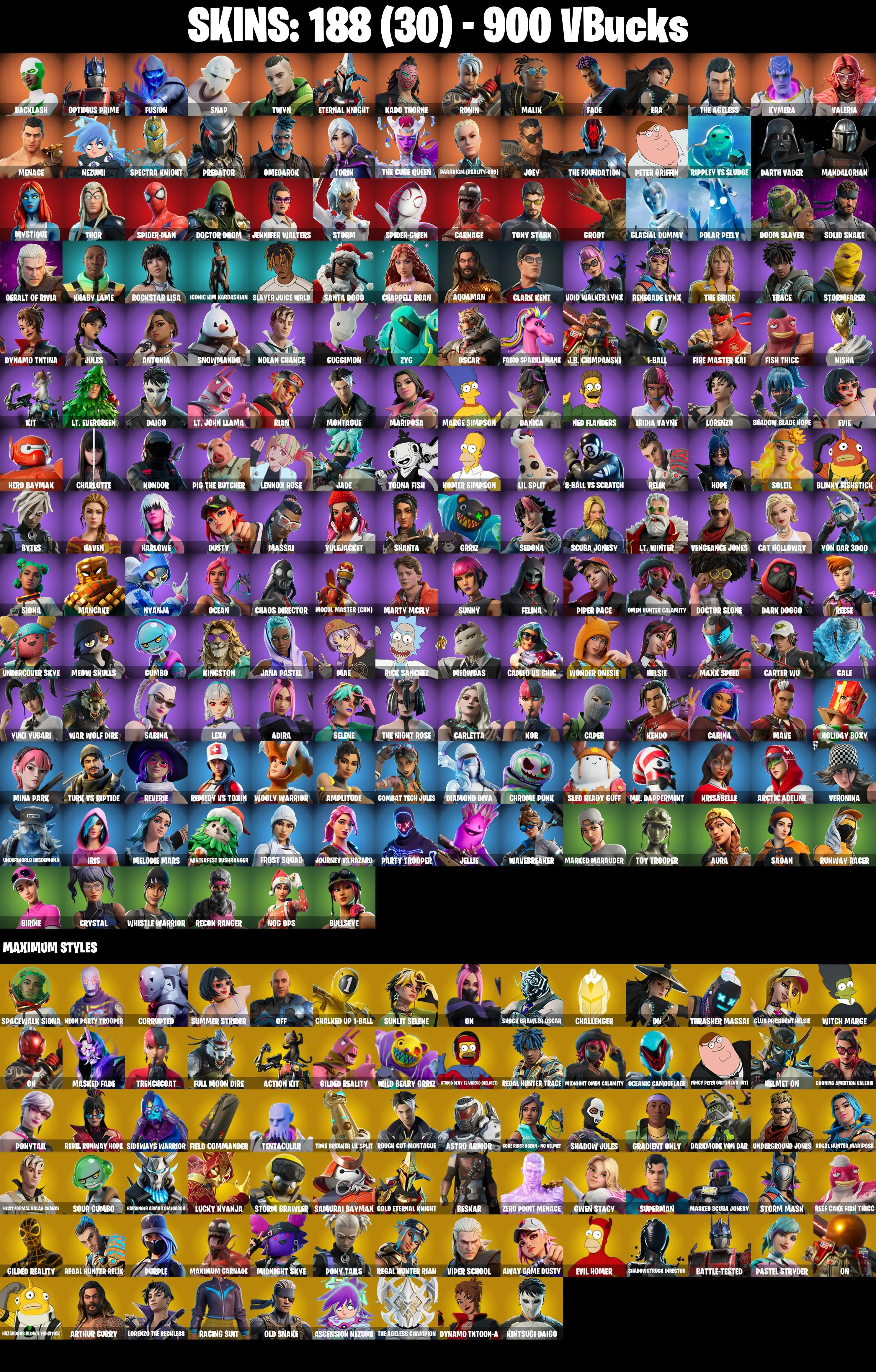 (PC/PSN/XBOX) 188 SKINS π« Backlash β‘οΈ Optimus Prime π Fusion β‘οΈ Snap π Twyn β‘οΈ Eternal Knight π Kado Thorne β‘οΈ Ronin π Malik β‘οΈ Fade | 900 V-Buck | PARENTAL CONTROLS β image 2