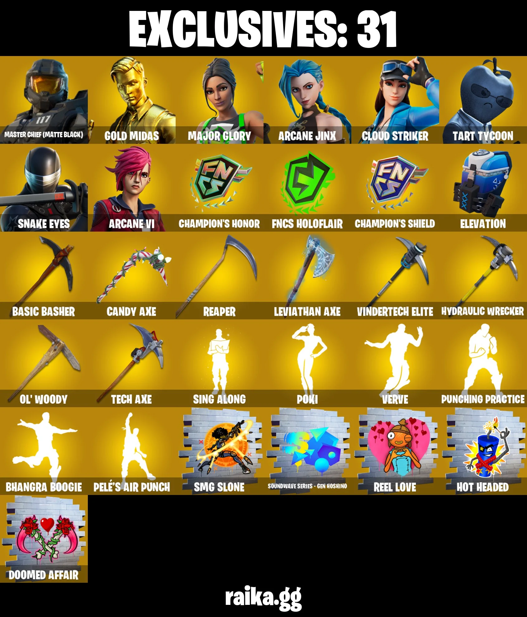 (PC) 400 VB) 401 SKINS π₯ Renegade Raider π₯ Master Chief (Matte Black) π₯ Gold Midas π₯ Major Glory π₯ Arcane Jinx π₯ Cloud Striker π₯ Tart Tycoo | PARENTAL CONTROLS β image 1