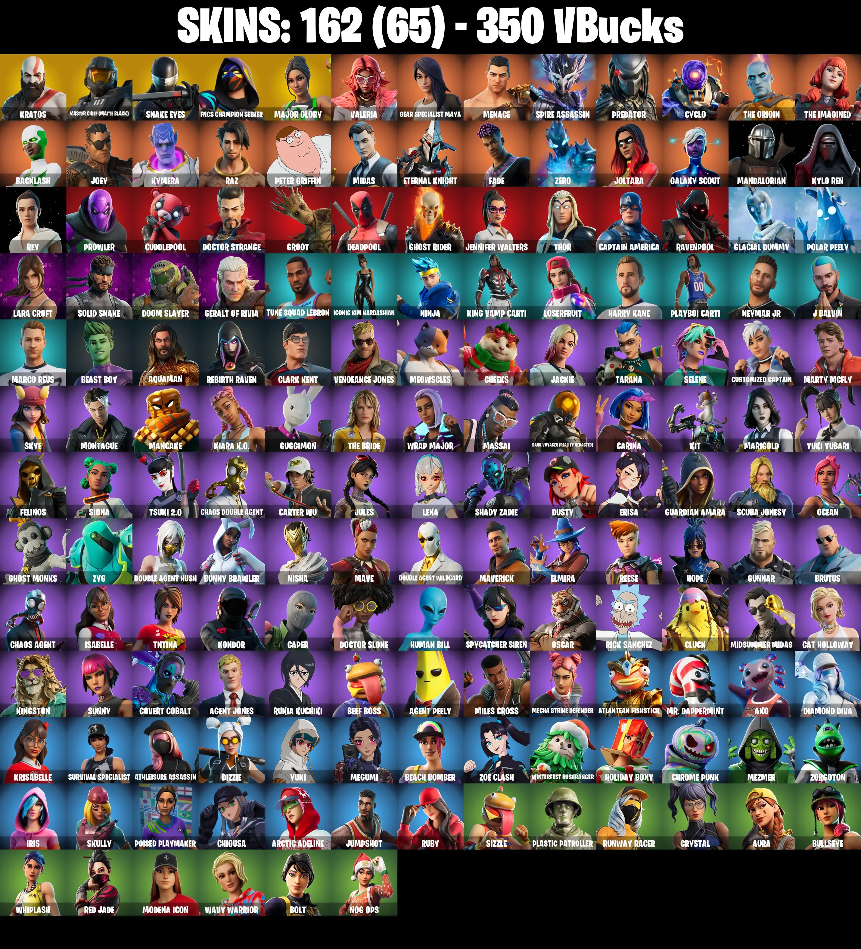 (PC/PSN) 162 SKINS π₯ Kratos π₯ Master Chief (Matte Black) π₯ Snake Eyes π₯ FNCS Champion Seeker π₯ Major Glory π₯ Valeria π₯ 350 V-Buc PARENTAL CONTROLS β image 2