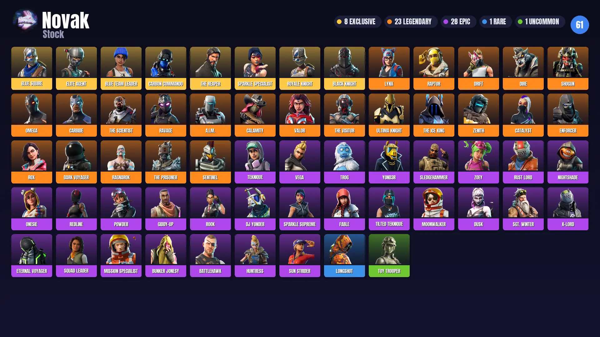 (PC/PSN/XBOX) 61 SKINS | Black Knight | Blue Squire | Elite Agent | Blue Team Leader | Carbon Commando | The Reaper | Sparkle Specialist | Royale Knight