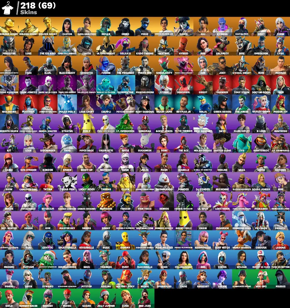 [PC] 218 skins | Gold Meowscles | Gold Brutus | Gold Midas | Clutch | Aura Analyzer | Reflex | Grind | Fixer | Pitch Patroller | Dante | Raz | 700 VB