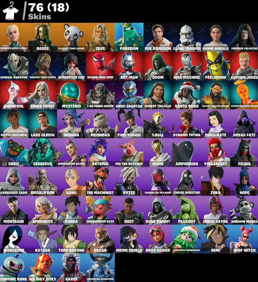 [PC] 76 skins | Paradigm (Reality-659) | Hades | Zeus | P.A.N.D.A Team Leader | Poseidon | Apprentice Evie | Poe Dameron | Emperor Palpatine | 400 VB