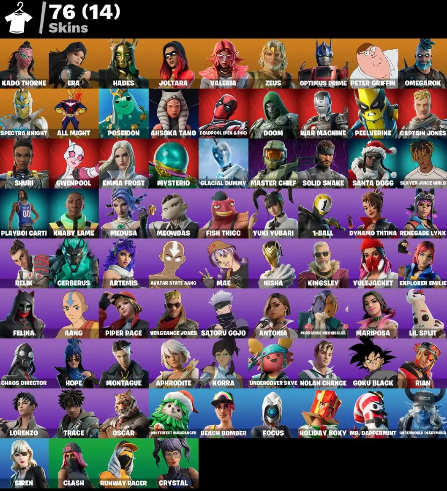 [PC] 76 skins | Master Chief | Era | Valeria | Optimus Prime | Omegarok | Peter Griffin | Kado Thorne | Joltara | Hades | Zeus | All Might | 0 VB