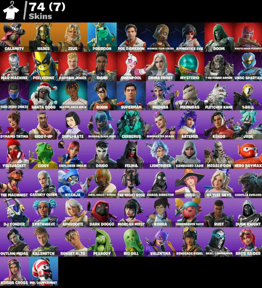 [PC] 74 skins | Calamity | Hades | Zeus | Poseidon | Apprentice Evie | Poe Dameron | Wookiee Team Leader | War Machine | Wastelander Magneto | Shuri | 300 VB