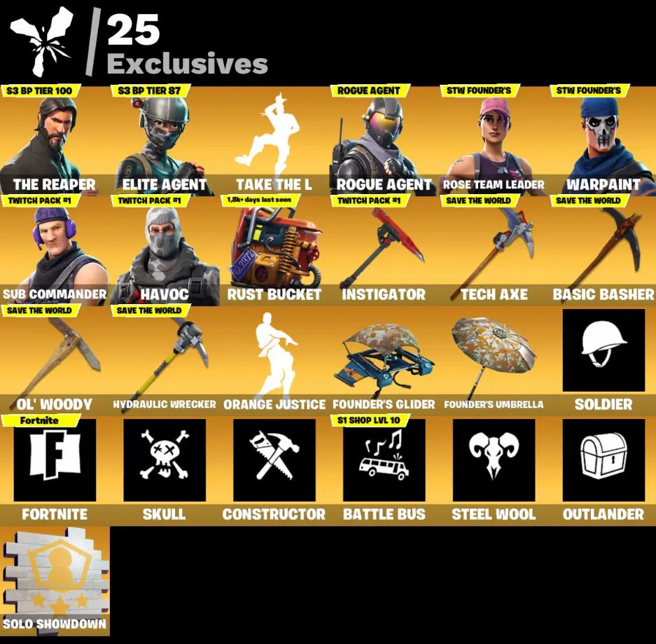 [PC] 31 skins | OG STW | The Reaper | Elite Agent | Rogue Agent | Sub Commander | Havoc | Dark Voyager | Omega | Drift | Snap | Valor | Carbide | 100 VB