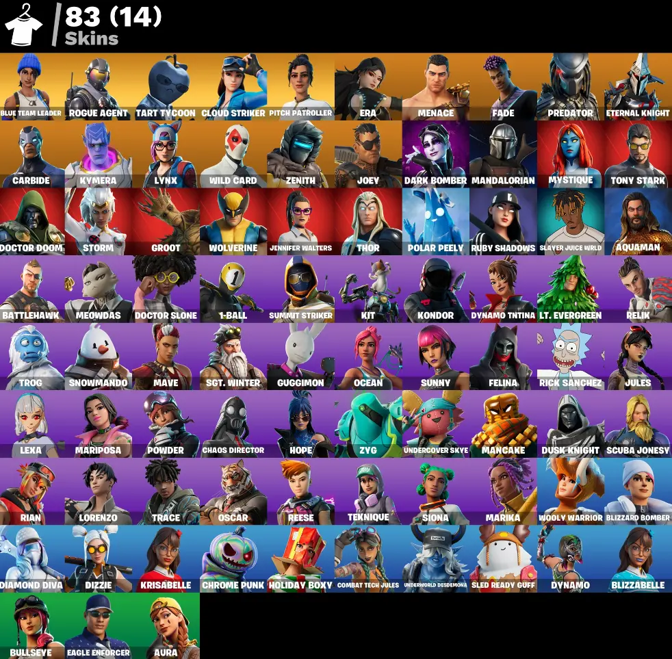 [PC] 83 skins | Blue Team Leader | Pitch Patroller | Rogue Agent | Cloud Striker | Tart Tycoon | Kymera | Predator | Era | Wild Card | Joey | Lynx | 450 VB