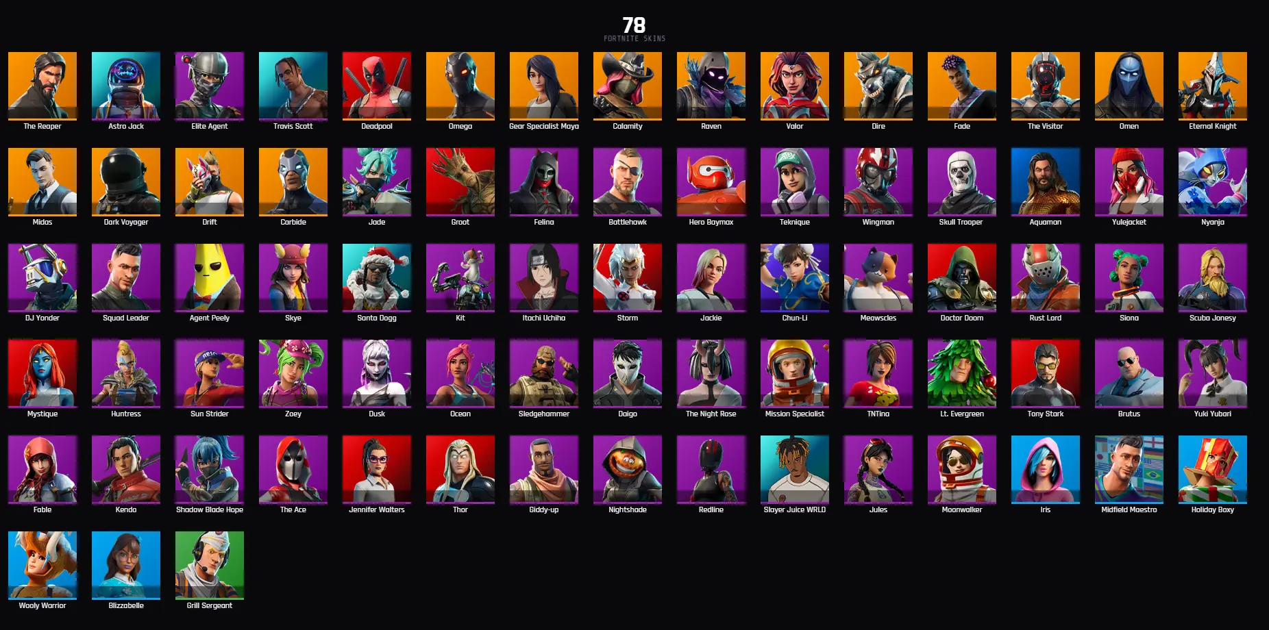 PC PSN XBOX 78 SKINS / TRAVIS SCOTT / THE REAPER / ELITE AGENT / TAKE THE L / ASTRO JACK / OMEGA / CHUN-LI / DEADPOOL / MIDAS / ITACHI UCHIHA / SKULL TROOPER — image 1