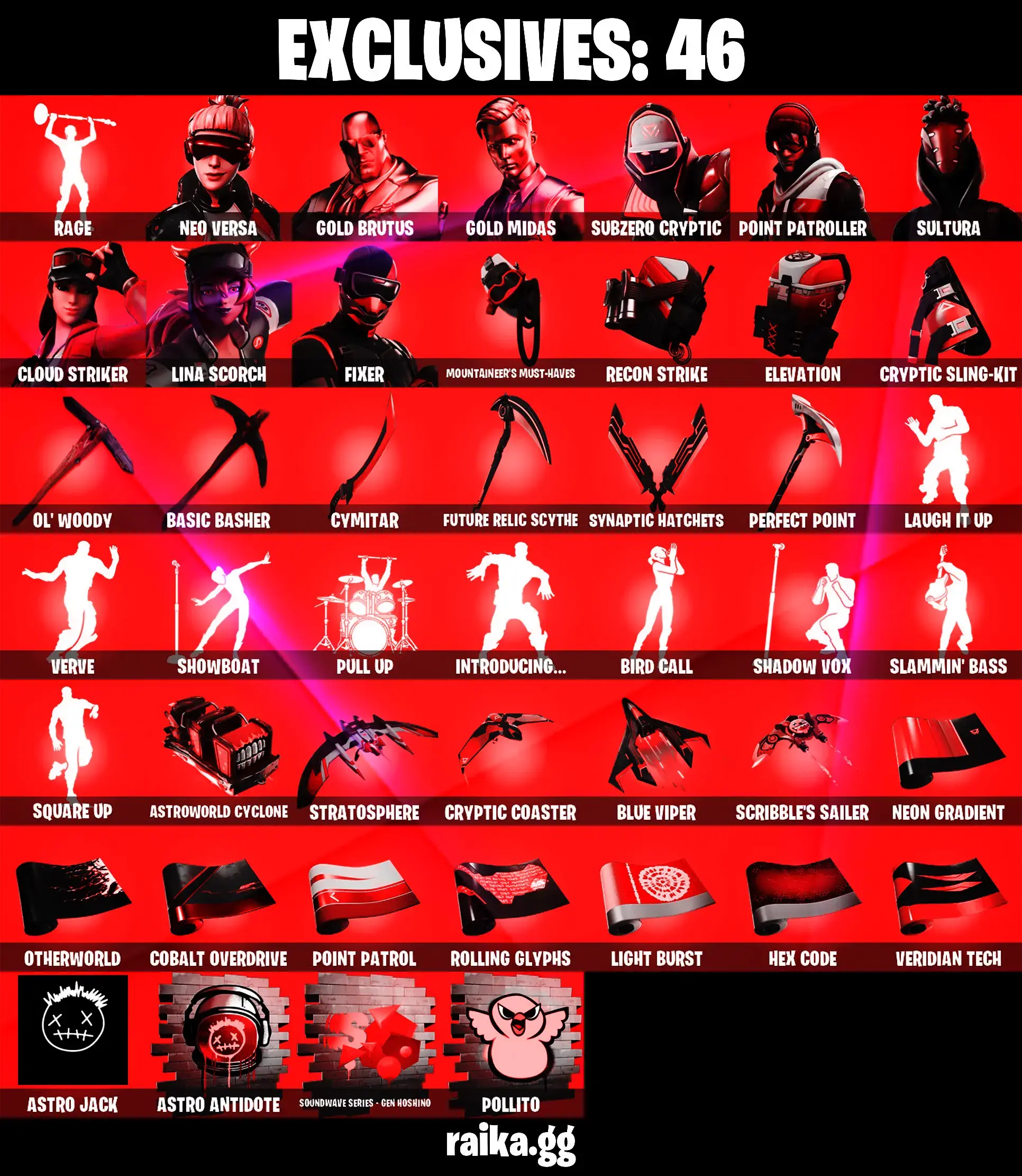 🎁🎄STACKED OFFER🎄🎁 212 SKINS 🌙 RAGE 🌙 AERIAL ASSAULT TROOPER 🌙 AGENT PEELY 🌙 RENEGADE RAIDER 🌙 NEO VERSA 🌙 GOLD BRUTUS 🌙 GOLD MIDAS 🌙 SUBZERO CRYPTIC 🌙 POINT PATROLLER 🌙 SULTURA 🌙 CLOUD STRIKER 🌙 550 VBUCKS ⚡️PC/PSN/XBOX⚡️ PARENT CONTROL #ITM0190