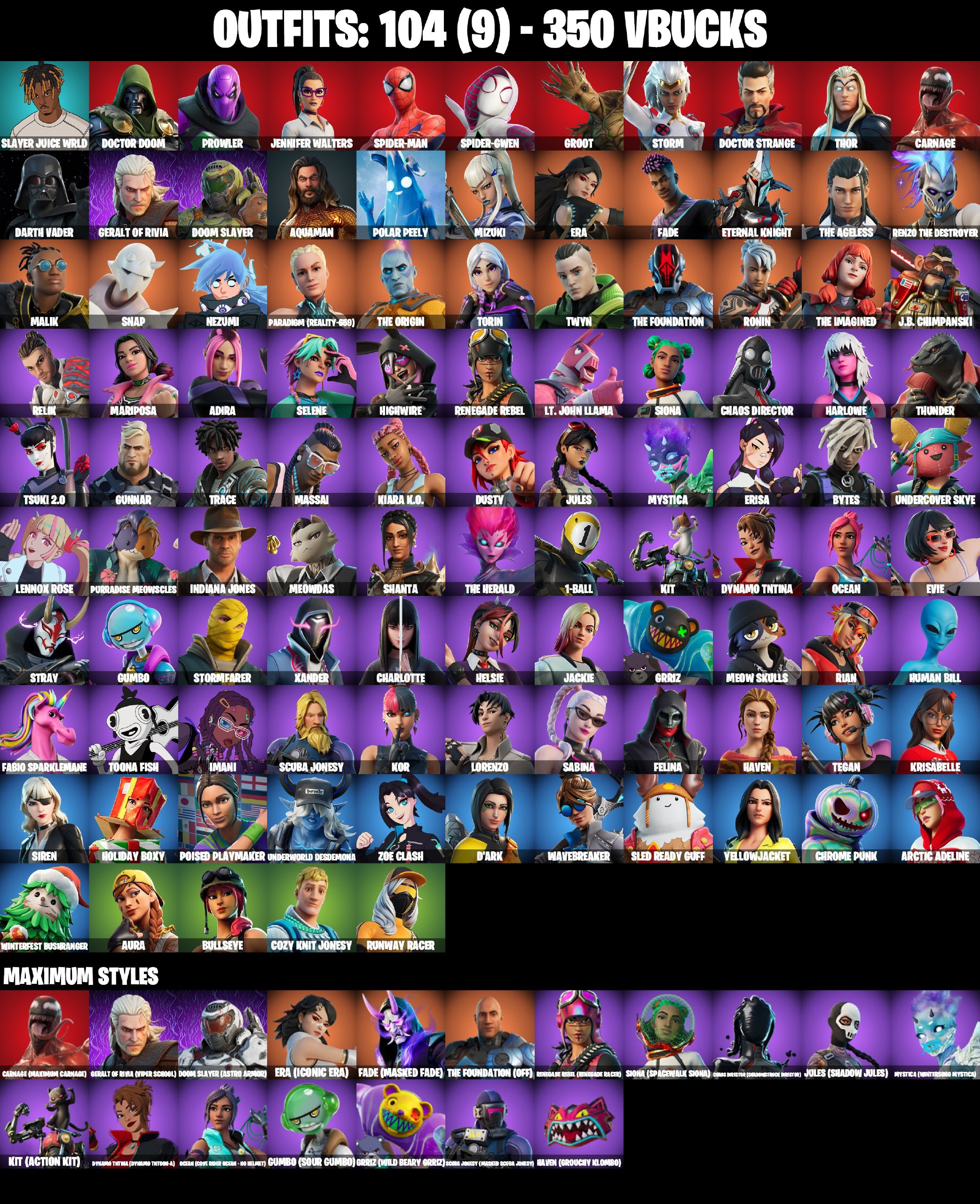❤️ [PSN/PC/XBOX/NIN] ❤️ 104 SKINS ❤️ SPIDER-MAN ❤️ SPIDER-GWEN ❤️ DARTH VADER ❤️ ERA MAX ❤️ MYSTICA MAX ❤️ CHAOS DIRECTOR MAX ❤️ JULES MAX ❤️ MARIPOSA ❤️ TSUKI 2.0 ❤️ CHARLOTTE ❤️ HELSIE ❤️ KOR ❤️ AURA ❤️ BULLSEYE ❤️