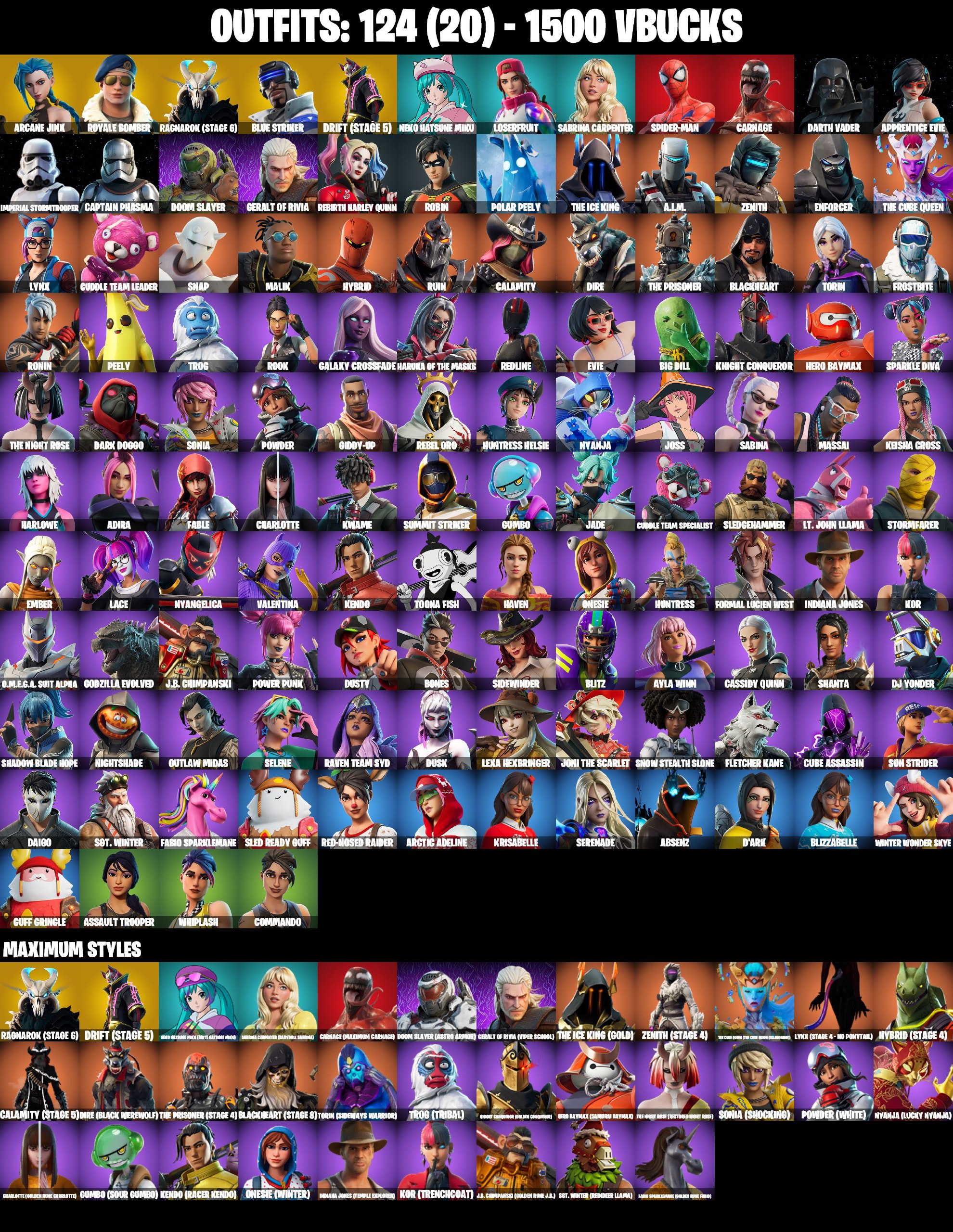 ❤️ [PSN/PC/XBOX/NIN] ❤️ 124 SKINS ❤️ ARCANE JINX ❤️ ROYALE BOMBER ❤️ SPIDER-MAN ❤️ DARTH VADER ❤️ APPRENTICE EVIE ❤️ IMPERIAL STORMTROOPER ❤️ CAPTAIN PHASMA ❤️ OUTLAW MIDAS ❤️ WHIPLASH ❤️ NEKO HATSUNE MIKU MAX ❤️