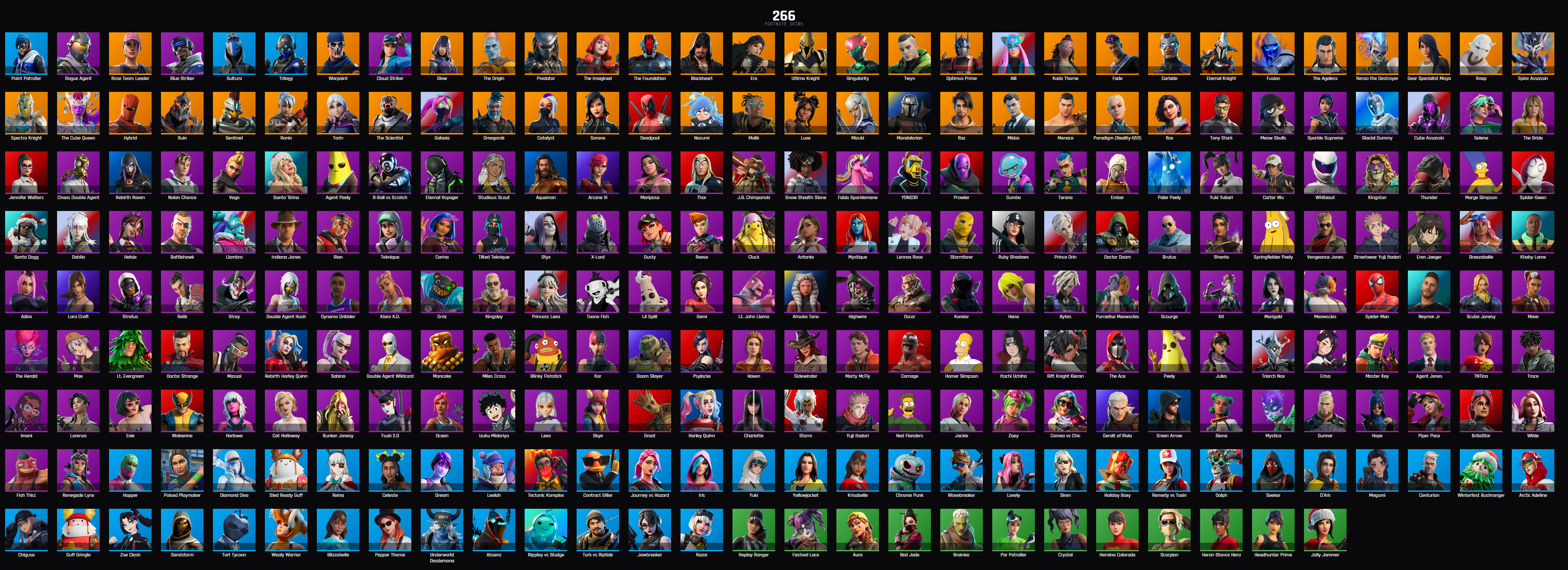 PC PSN XBOX 266 SKINS / LEVIATHAN AXE / OG STW / GLOW / ROGUE AGENT / GALAXIA / MIDAS / DEADPOOL / TONY STARK / ARCANE VI / LARA CROFT — image 1