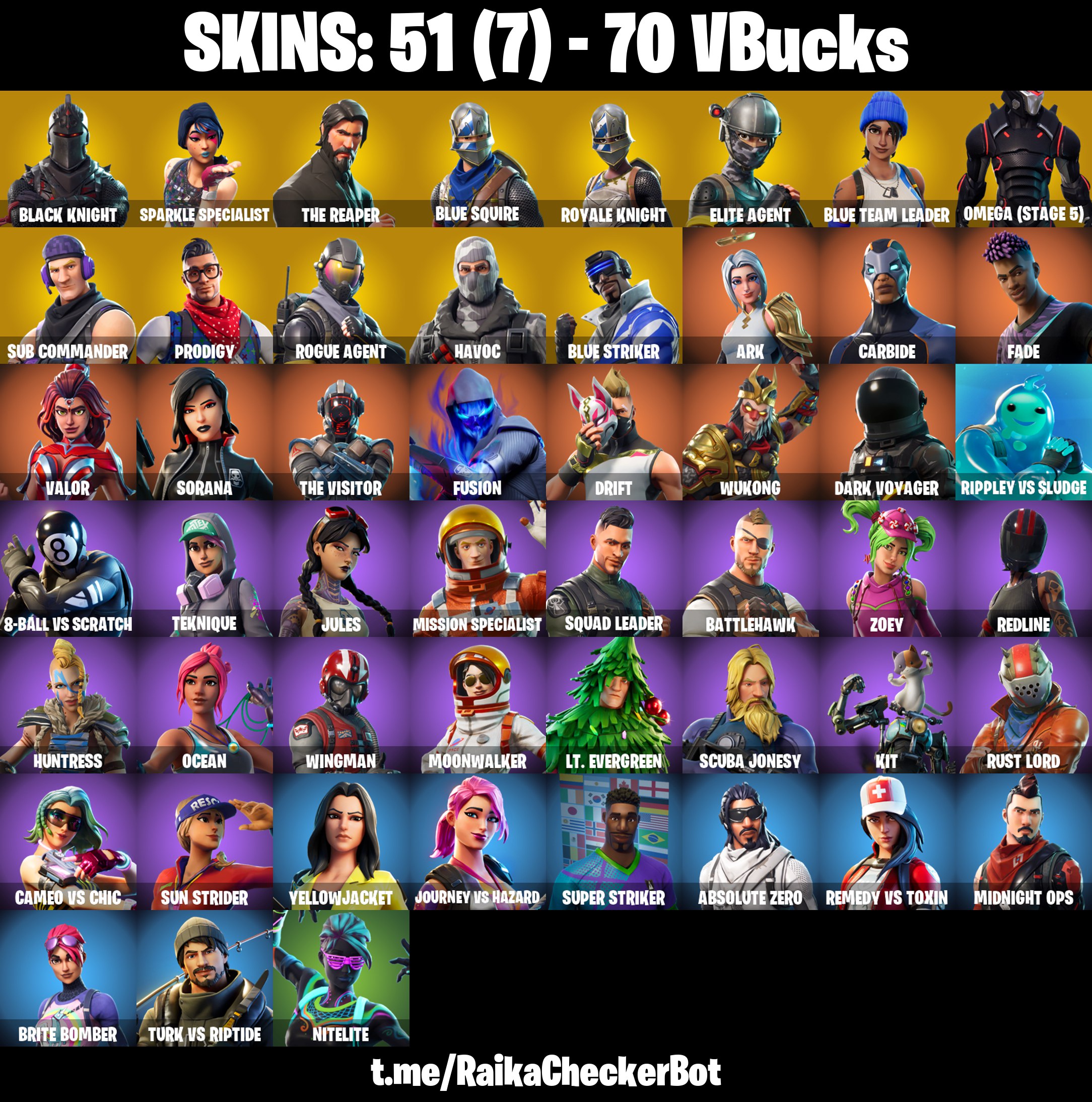 [PSN/XBOX/PC] 🍀 51 skins | Black Knight ☘️  Floss ☘️ Take The L  🍀 The Reaper 🌿 Royale Knight 🍀 Elite Agent 🎩 🍃 Mako