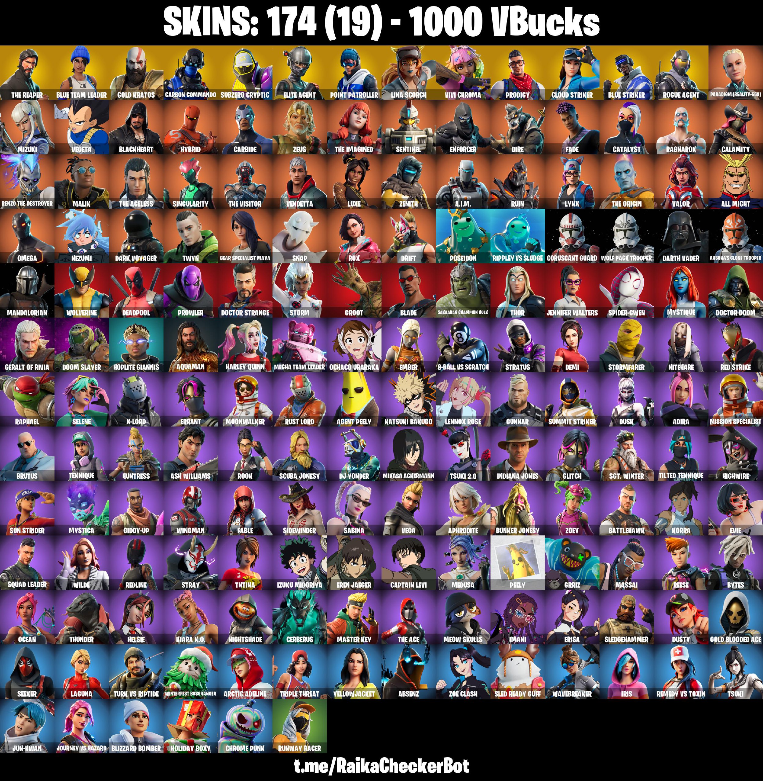 [PSN/PC/XBOX] 174 SKINS  🌴 The Reaper 🌊 Leviathan Axe 🌴 Take The L 🌊 Gold Kratos 🌴 Carbon Commando 🌊 Subzero Cryptic 🌊 Elite Agent 🌴 Point Patroller 🌊 Lina Scorch