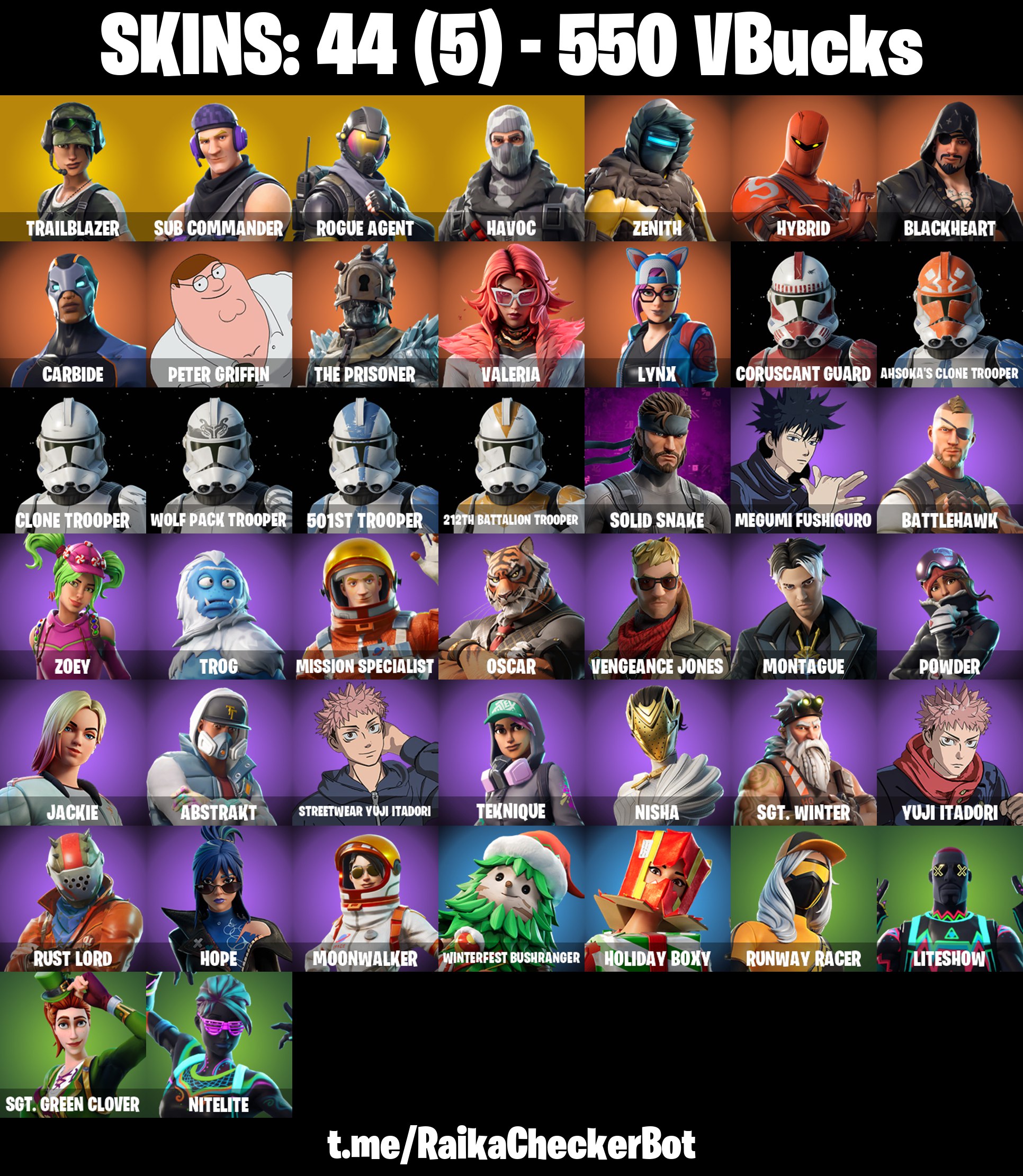 [PSN/XBOX/PC] 44 skins ❄️ Take The L ❄️ Trailblazer ❄️ Sub Commander ❄️ Rogue Agent ❄️ Havoc ❄️ Zenith ❄️ Hybrid ❄️ Blackheart ❄️ Carbide ❄️ Peter Griffin ❄️ 550 VB