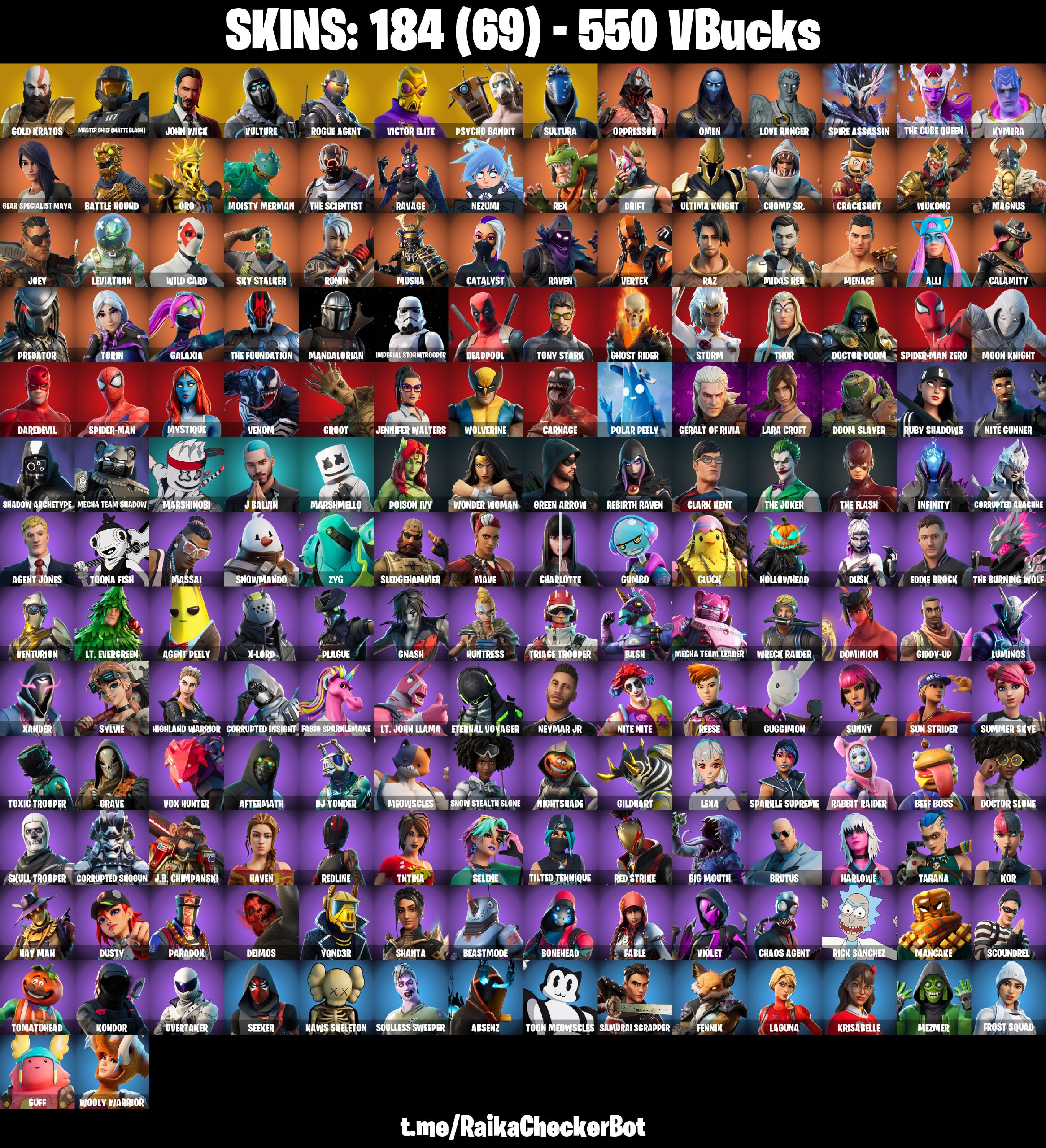 🎁✨ RARE ACCOUNT ✨🎁 184 SKINS 🌟 LEVIATHAN AXE 🌟 GOLD KRATOS 🌟 MASTER CHIEF (MATTE BLACK) 🌟 JOHN WICK 🌟 VULTURE 🌟 ROGUE AGENT 🌟 VICTOR ELITE 🌟 PSYCHO BANDIT 🌟 SULTURA 🌟 OPPRESSOR 🌟 550 VB 🌟 PSN/XBOX/PC