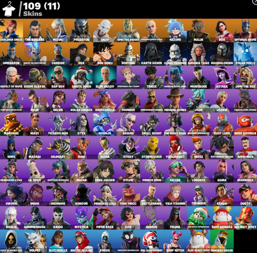 [PC/PSN/XBOX] 109 skins | TAKE THE L | Darth Vader + Geralt of Rivia + Doom Slayer + Optimus Prime | Yuji Itadori + Eren Jaeger + Slim Shady + Explorer Emilie + The Ageless | Spectra Knight + Era + Snap + Nezumi | 750 VB